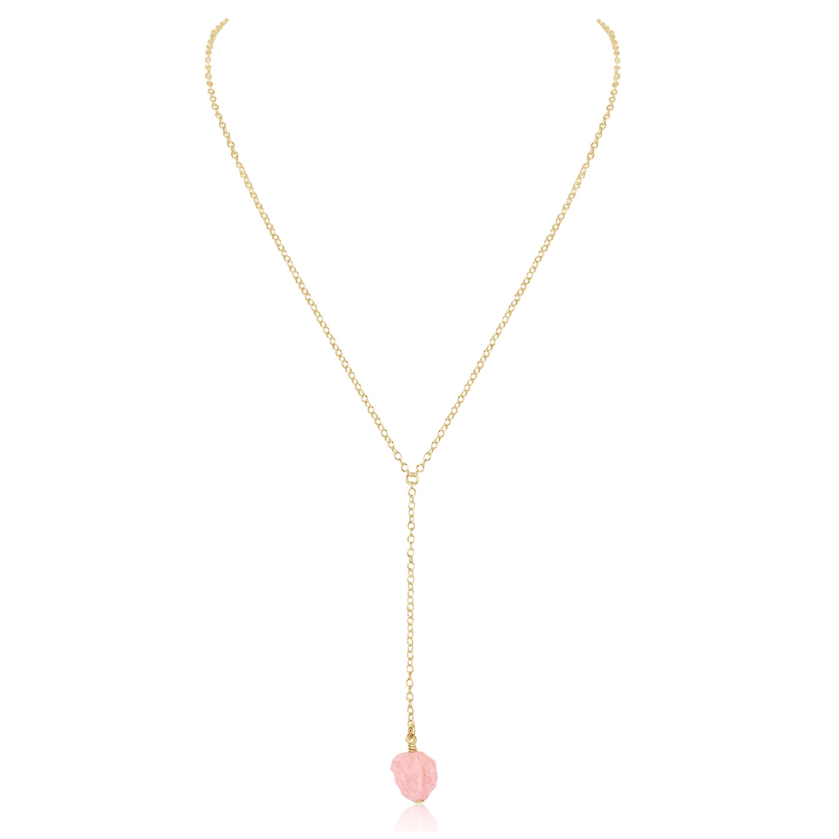 Raw Pink Rose Quartz Crystal Lariat Necklace - Raw Pink Rose Quartz Crystal Lariat Necklace - 14k Gold Fill - Luna Tide Handmade Crystal Jewellery