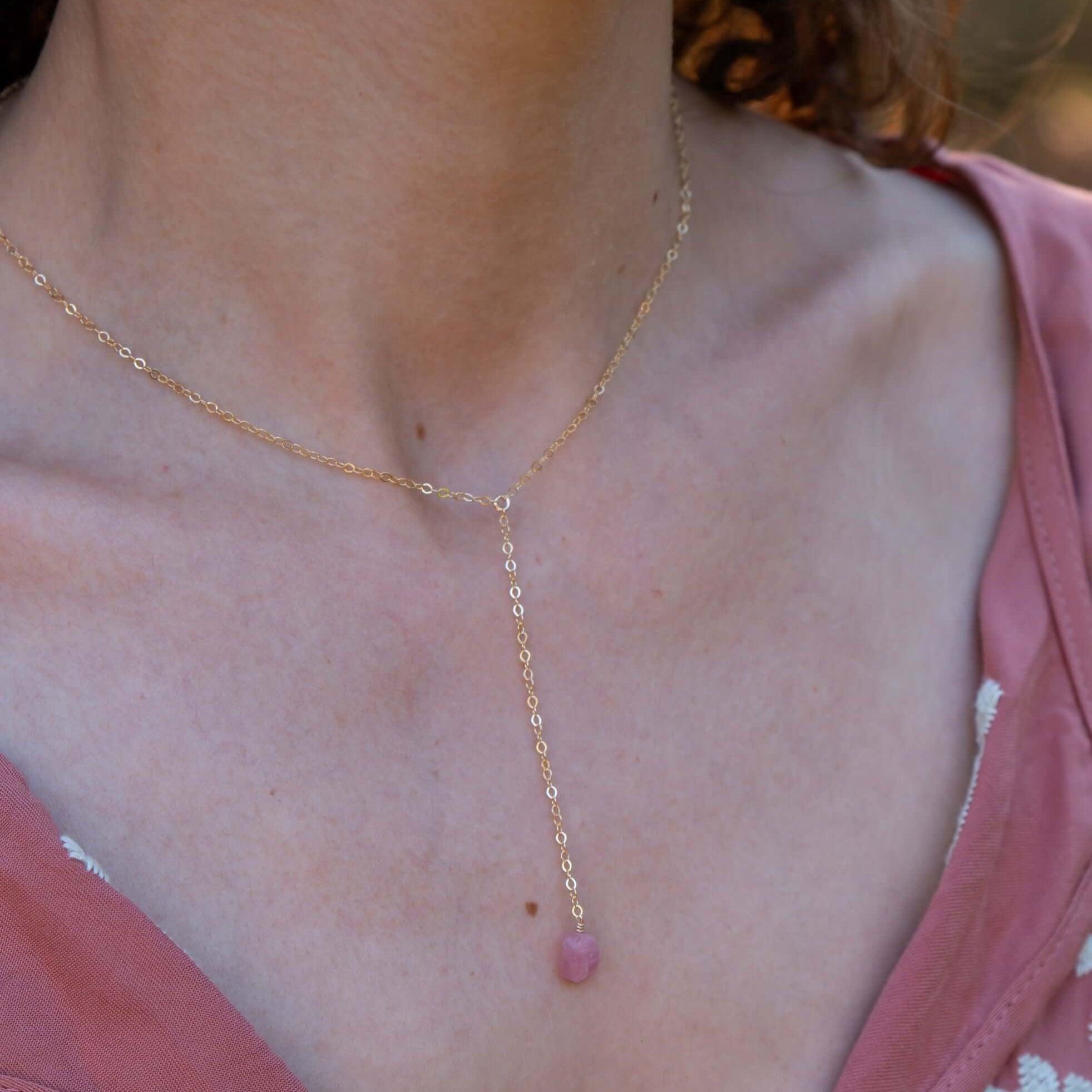 Raw Pink Rose Quartz Crystal Lariat Necklace - Raw Pink Rose Quartz Crystal Lariat Necklace - 14k Gold Fill - Luna Tide Handmade Crystal Jewellery