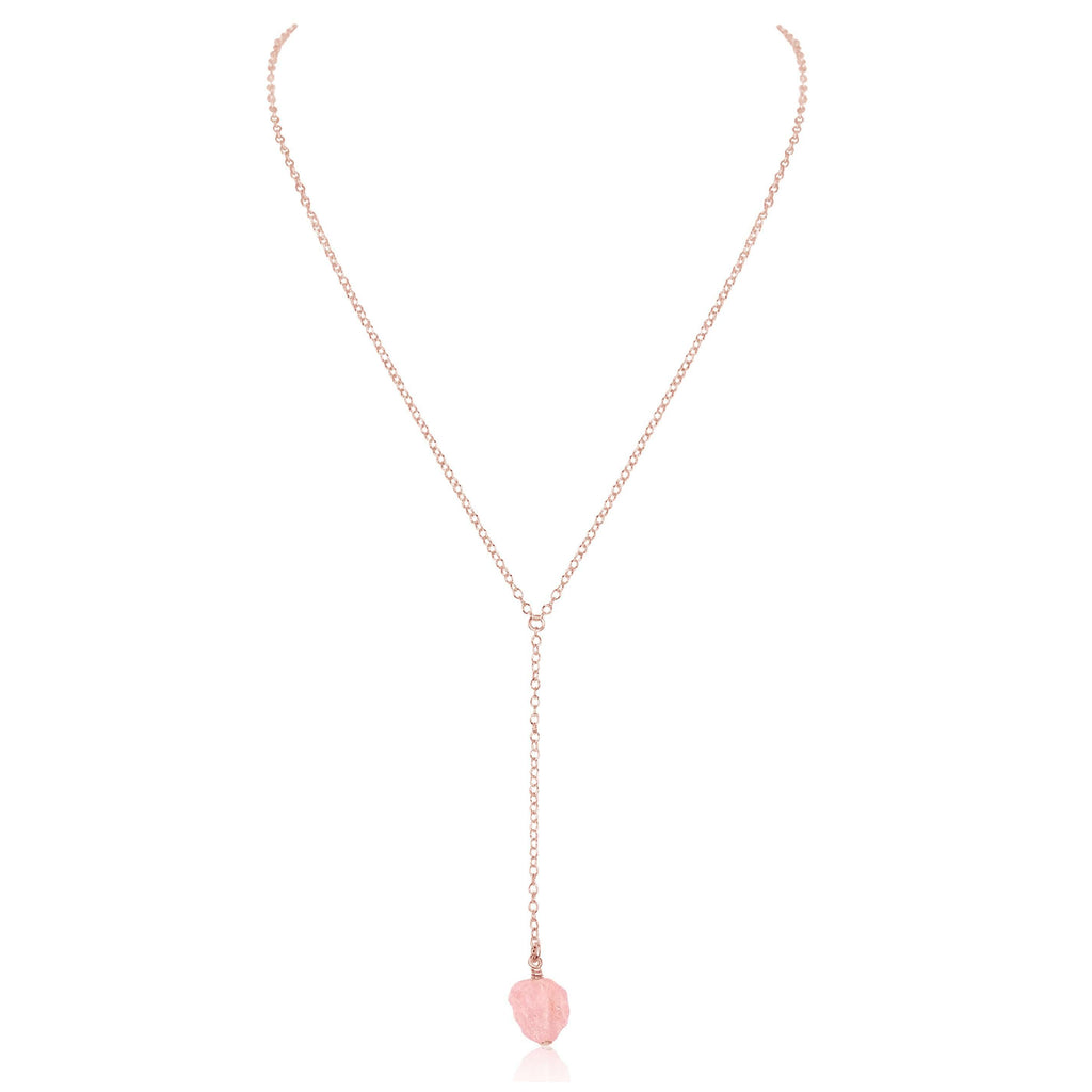 Raw Pink Rose Quartz Crystal Lariat Necklace - Raw Pink Rose Quartz Crystal Lariat Necklace - 14k Rose Gold Fill - Luna Tide Handmade Crystal Jewellery