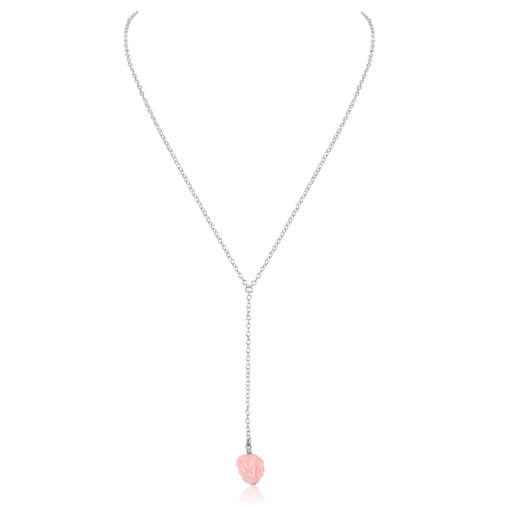 Raw Pink Rose Quartz Crystal Lariat Necklace - Raw Pink Rose Quartz Crystal Lariat Necklace - Sterling Silver - Luna Tide Handmade Crystal Jewellery