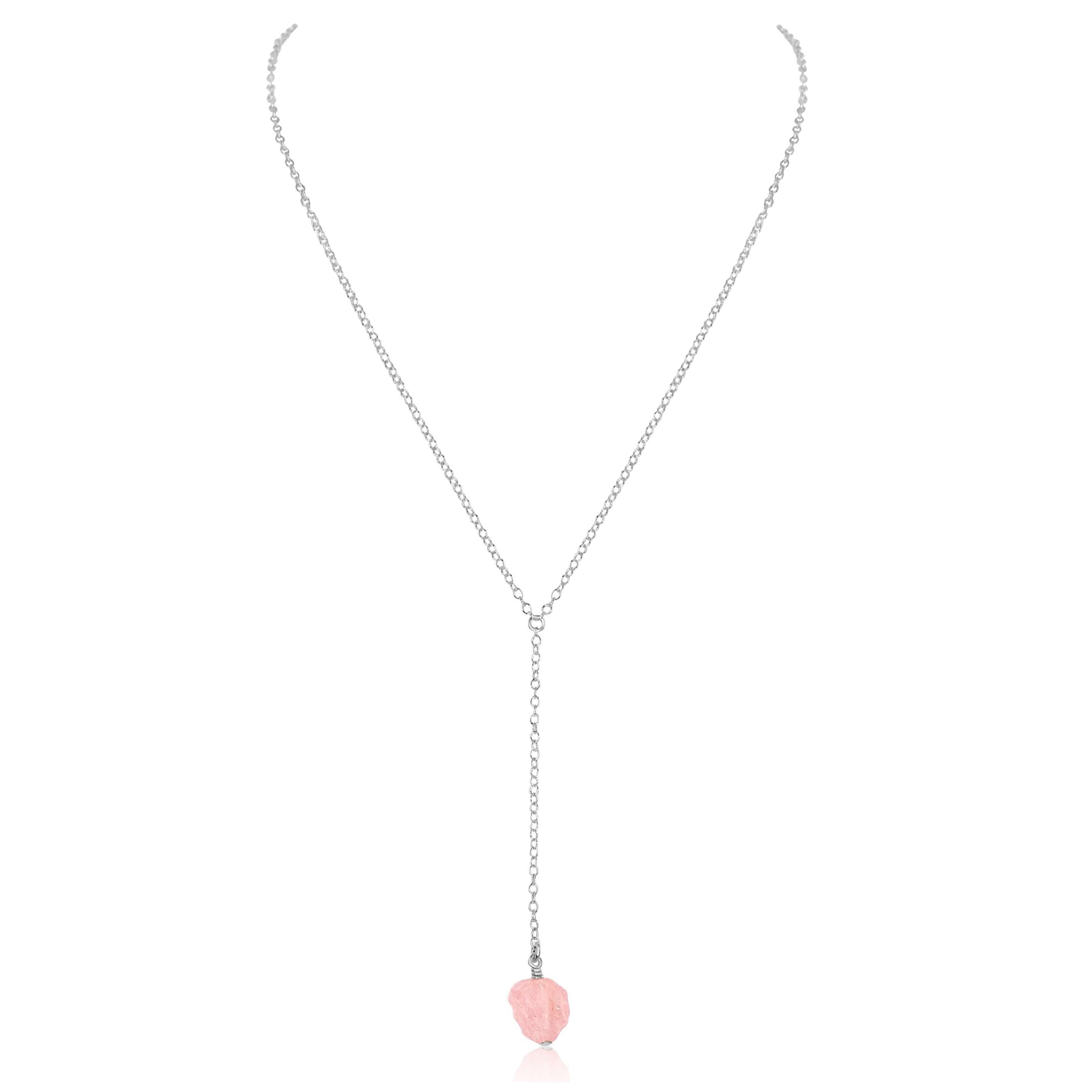 Raw Pink Rose Quartz Crystal Lariat Necklace - Raw Pink Rose Quartz Crystal Lariat Necklace - Sterling Silver - Luna Tide Handmade Crystal Jewellery