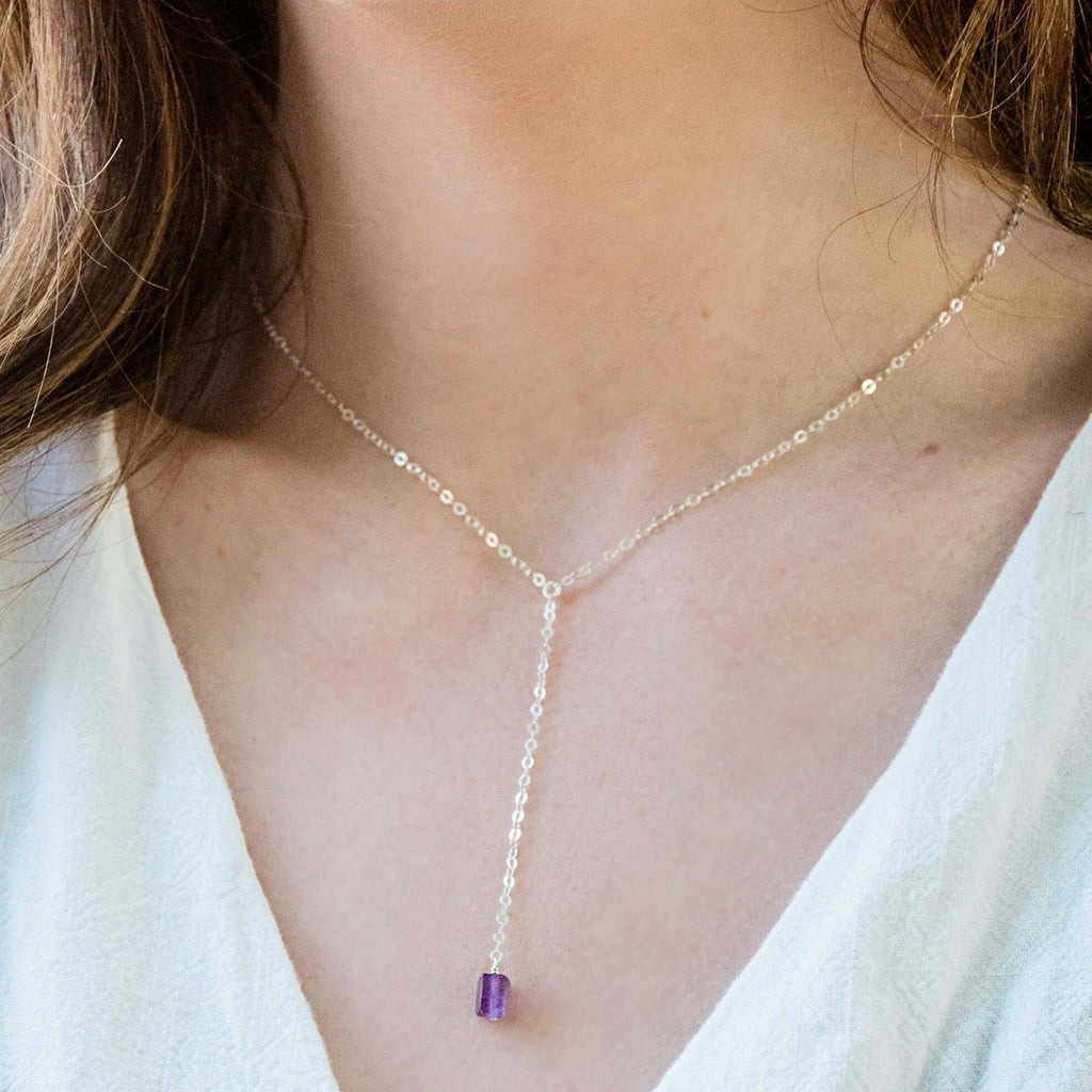 Raw Purple Amethyst Crystal Lariat Necklace - Raw Purple Amethyst Crystal Lariat Necklace - 14k Gold Fill - Luna Tide Handmade Crystal Jewellery