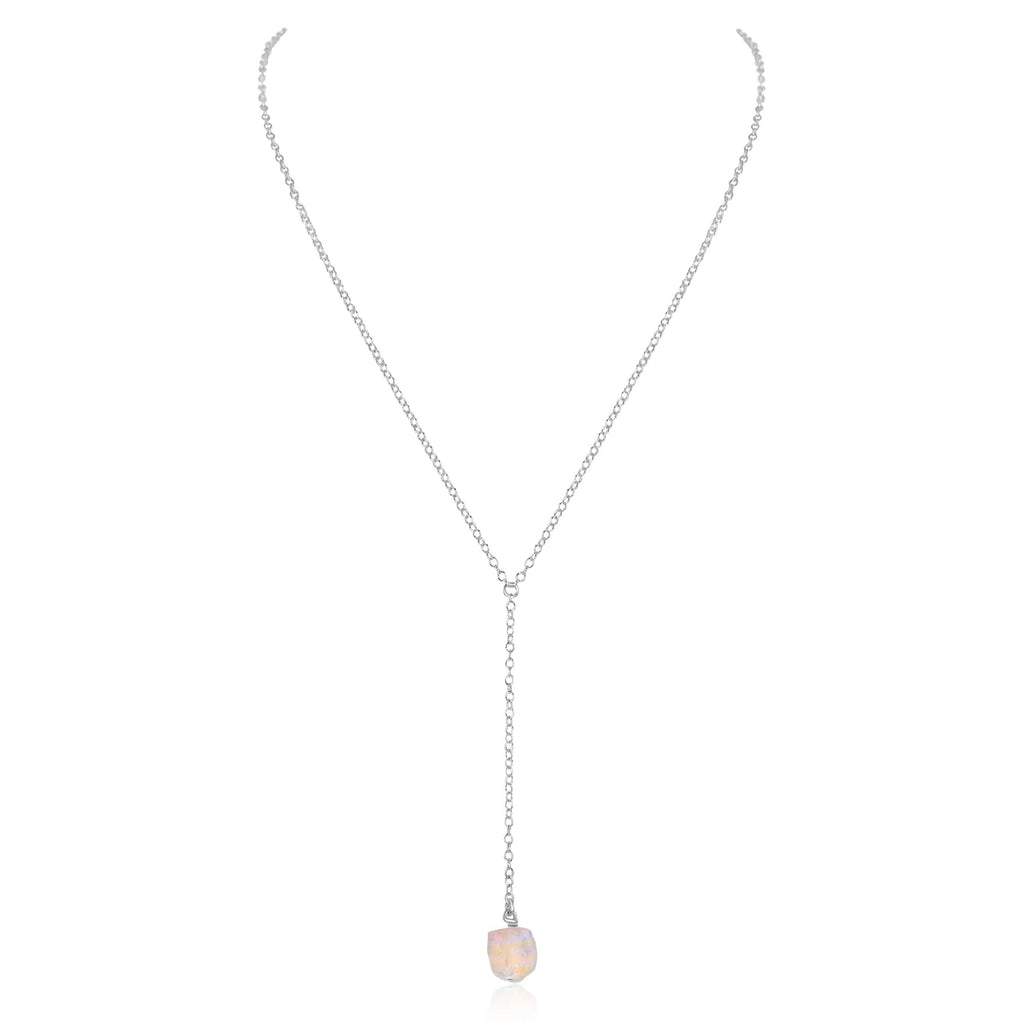 Raw Rainbow Moonstone Crystal Lariat Necklace - Raw Rainbow Moonstone Crystal Lariat Necklace - Sterling Silver - Luna Tide Handmade Crystal Jewellery