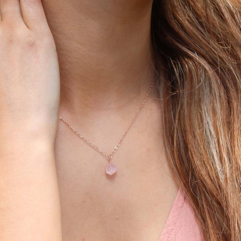 Raw Rose Quartz Natural Crystal Pendant Necklace - Raw Rose Quartz Natural Crystal Pendant Necklace - 14k Gold Fill / Satellite - Luna Tide Handmade Crystal Jewellery
