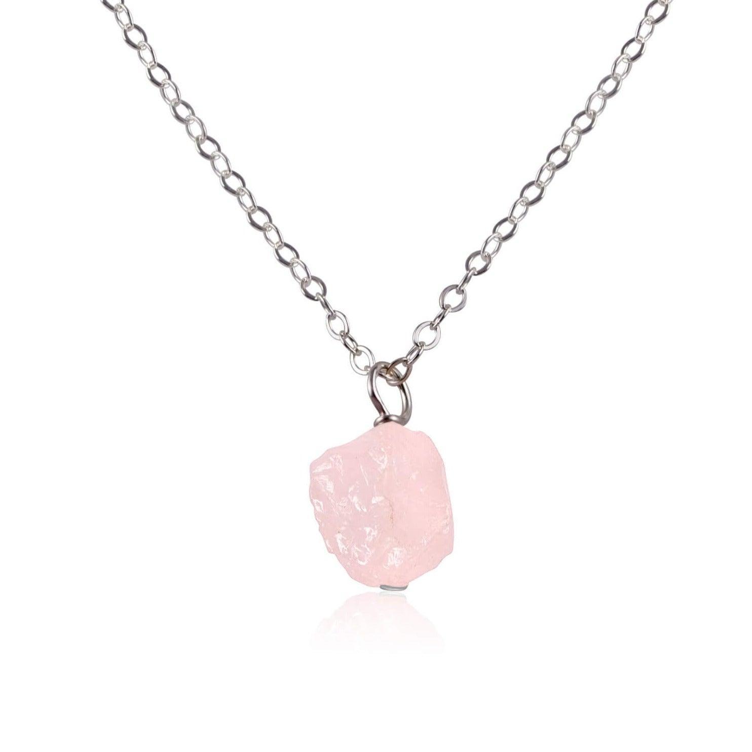 Raw Rose Quartz Natural Crystal Pendant Necklace - Raw Rose Quartz Natural Crystal Pendant Necklace - Stainless Steel / Cable - Luna Tide Handmade Crystal Jewellery