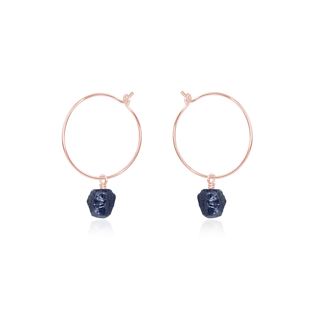 Raw Sapphire Gemstone Dangle Hoop Earrings - Raw Sapphire Gemstone Dangle Hoop Earrings - 14k Rose Gold Fill - Luna Tide Handmade Crystal Jewellery