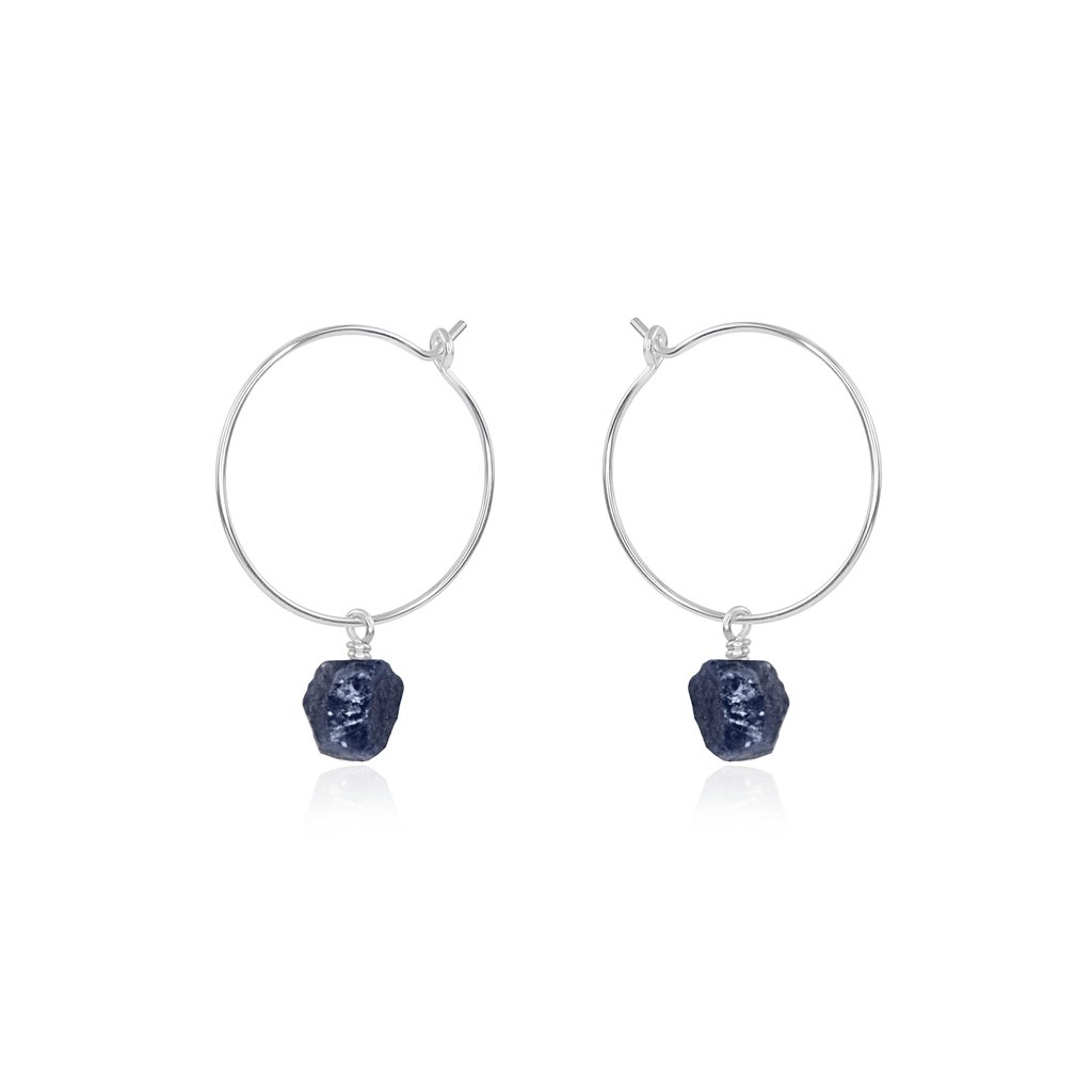 Raw Sapphire Gemstone Dangle Hoop Earrings - Raw Sapphire Gemstone Dangle Hoop Earrings - Sterling Silver - Luna Tide Handmade Crystal Jewellery