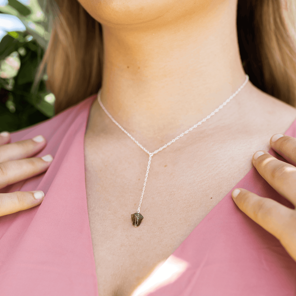 Raw Smoky Quartz Crystal Lariat Necklace - Raw Smoky Quartz Crystal Lariat Necklace - Sterling Silver - Luna Tide Handmade Crystal Jewellery