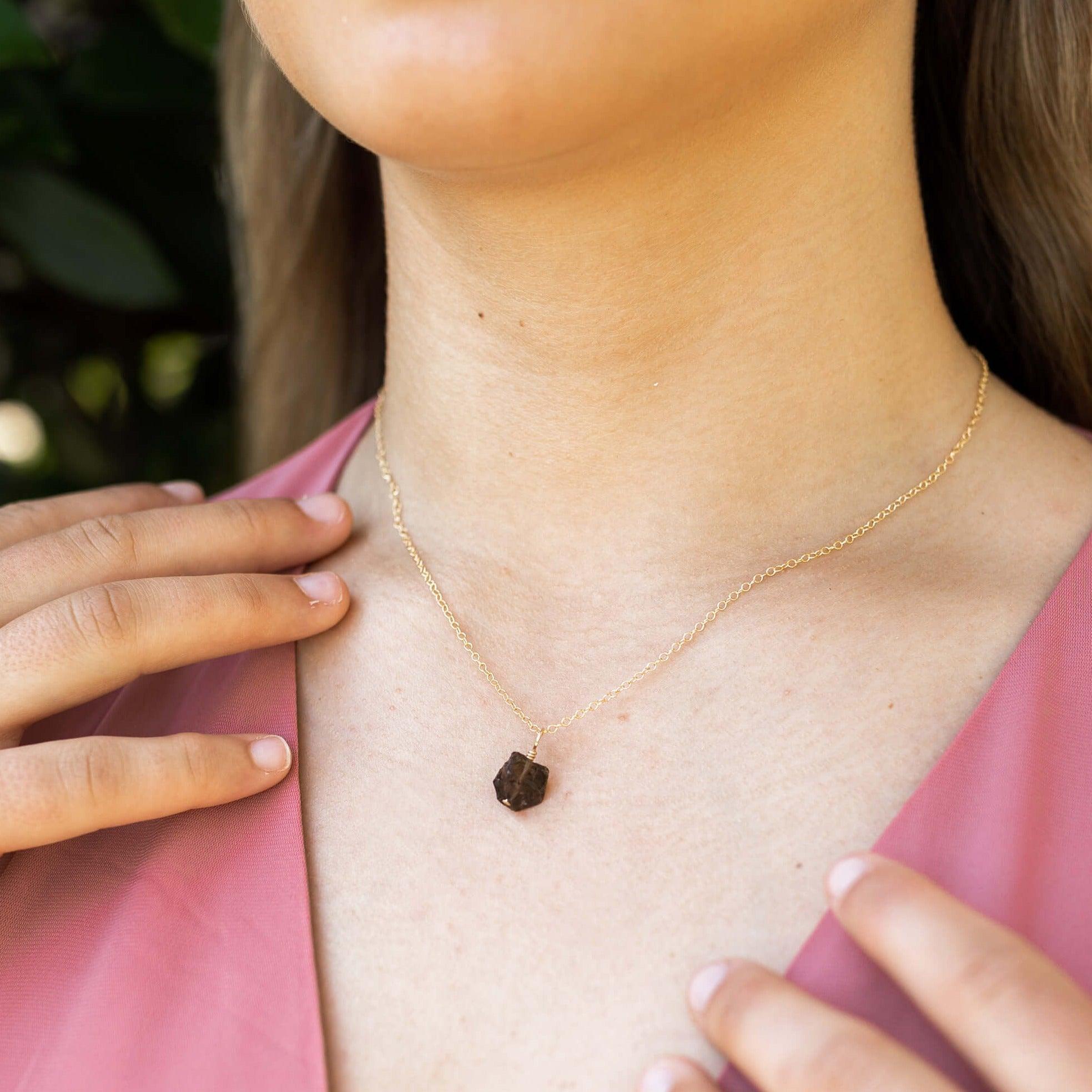 Raw Smoky Quartz Natural Crystal Pendant Necklace - Raw Smoky Quartz Natural Crystal Pendant Necklace - 14k Gold Fill / Satellite - Luna Tide Handmade Crystal Jewellery