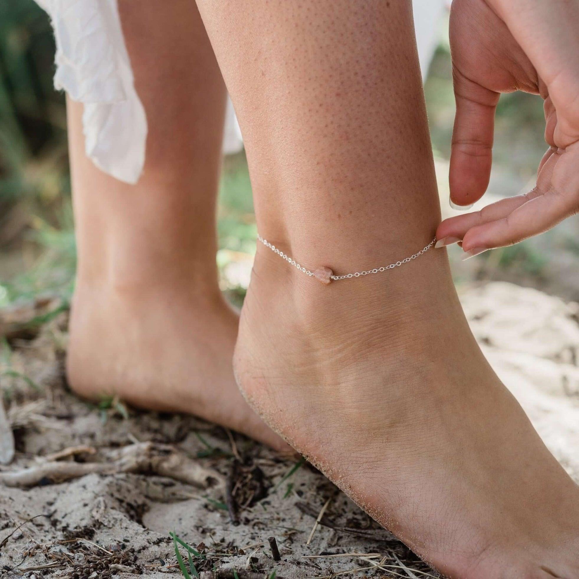 Raw Sunstone Crystal Nugget Anklet - Raw Sunstone Crystal Nugget Anklet - 14k Gold Fill - Luna Tide Handmade Crystal Jewellery