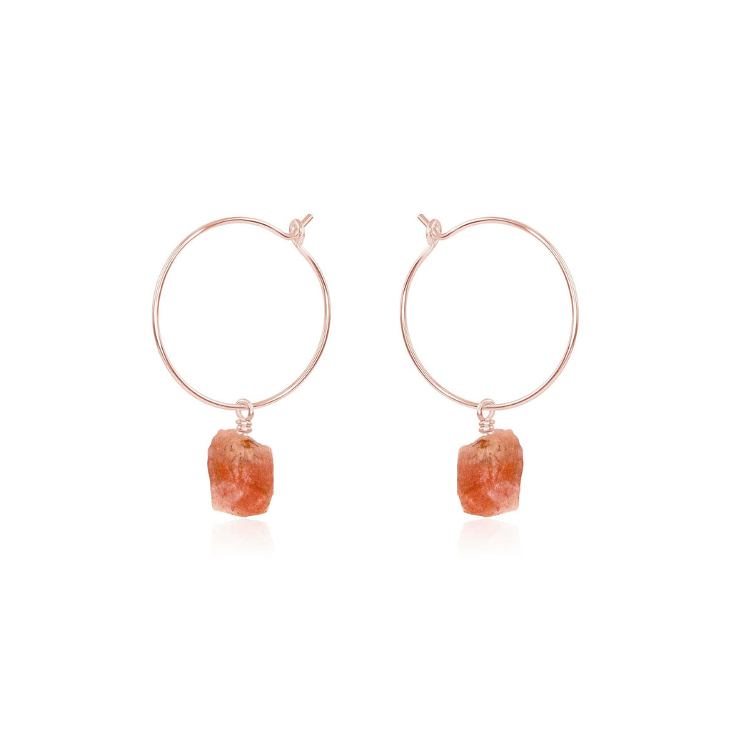 Raw Sunstone Gemstone Dangle Hoop Earrings - Raw Sunstone Gemstone Dangle Hoop Earrings - 14k Rose Gold Fill - Luna Tide Handmade Crystal Jewellery