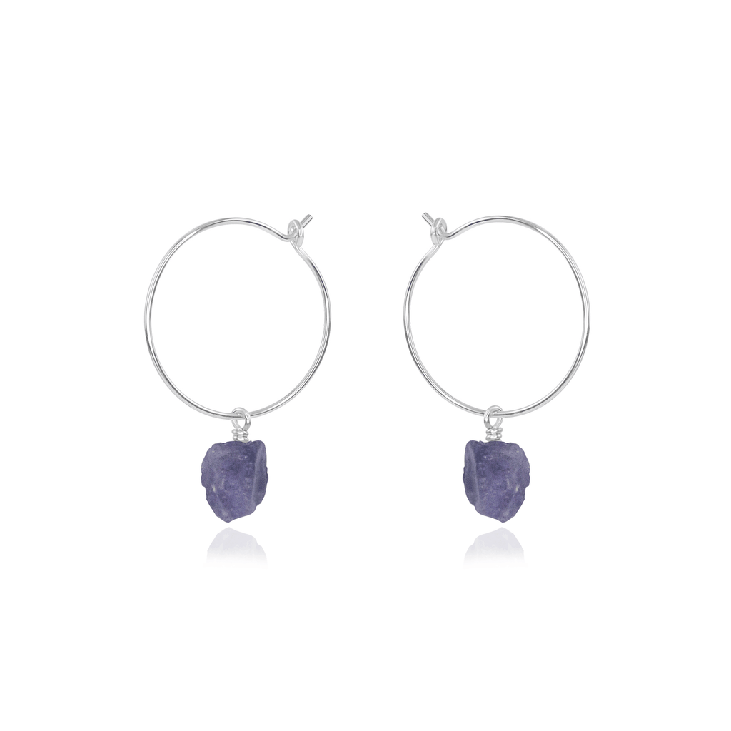 Raw Tanzanite Gemstone Dangle Hoop Earrings - Raw Tanzanite Gemstone Dangle Hoop Earrings - Sterling Silver - Luna Tide Handmade Crystal Jewellery