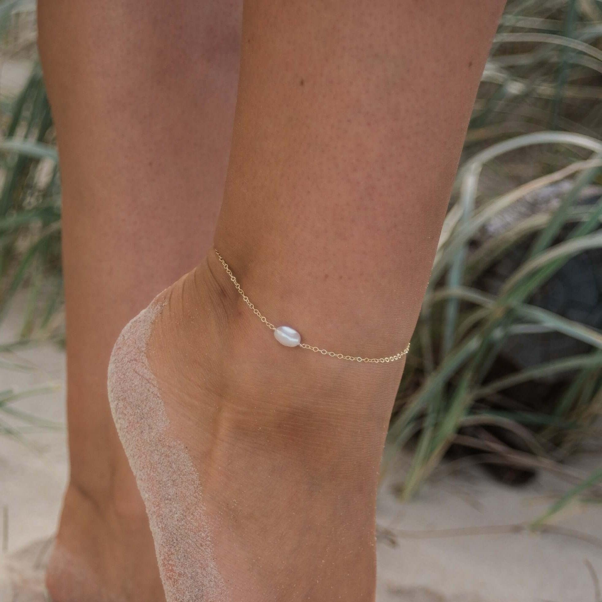 Raw White Freshwater Pearl Crystal Nugget Anklet - Raw White Freshwater Pearl Crystal Nugget Anklet - 14k Gold Fill - Luna Tide Handmade Crystal Jewellery