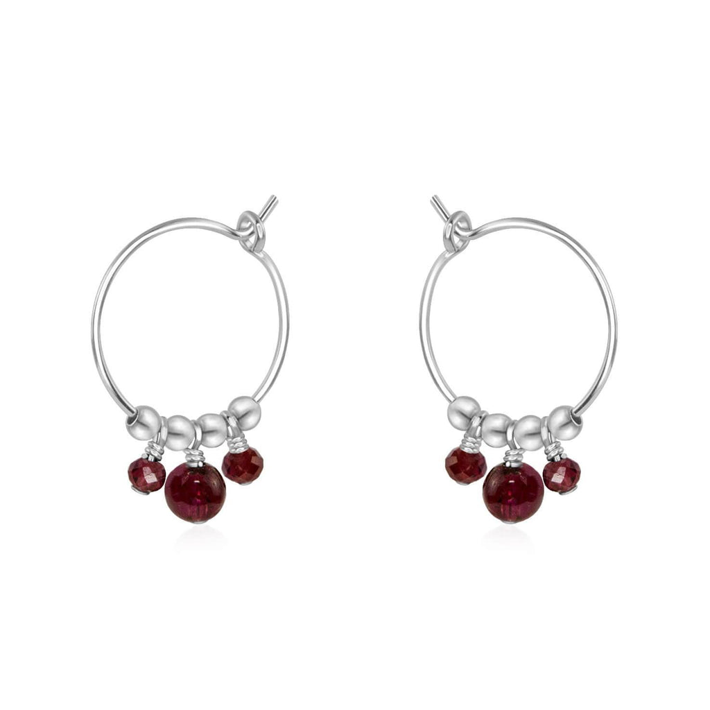 Red Garnet Gemstone Bead Drop Hoop Earrings - Red Garnet Gemstone Bead Drop Hoop Earrings - Sterling Silver - Luna Tide Handmade Crystal Jewellery