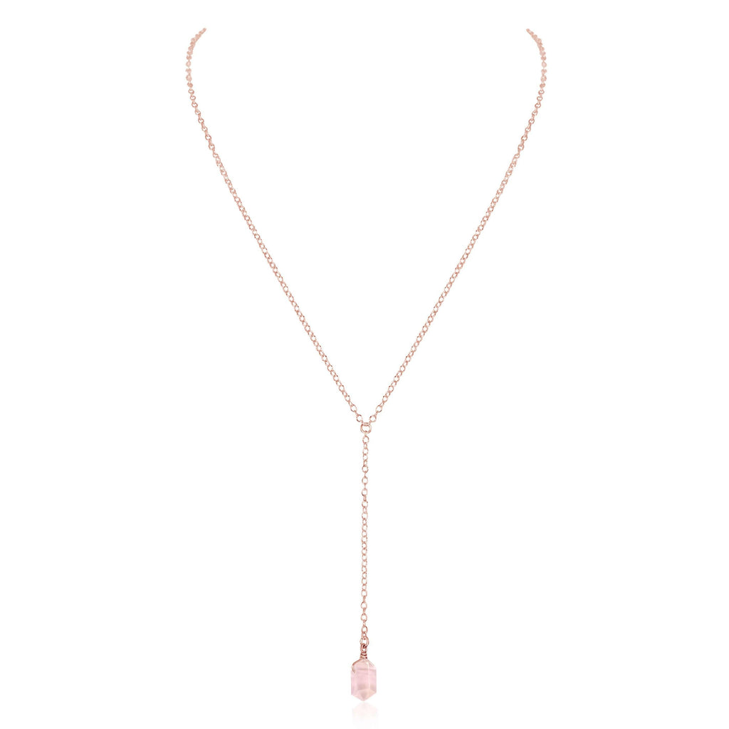 Rose Quartz Double Terminated Mini Crystal Point Lariat Necklace - Rose Quartz Double Terminated Mini Crystal Point Lariat Necklace - 14k Rose Gold Fill - Luna Tide Handmade Crystal Jewellery