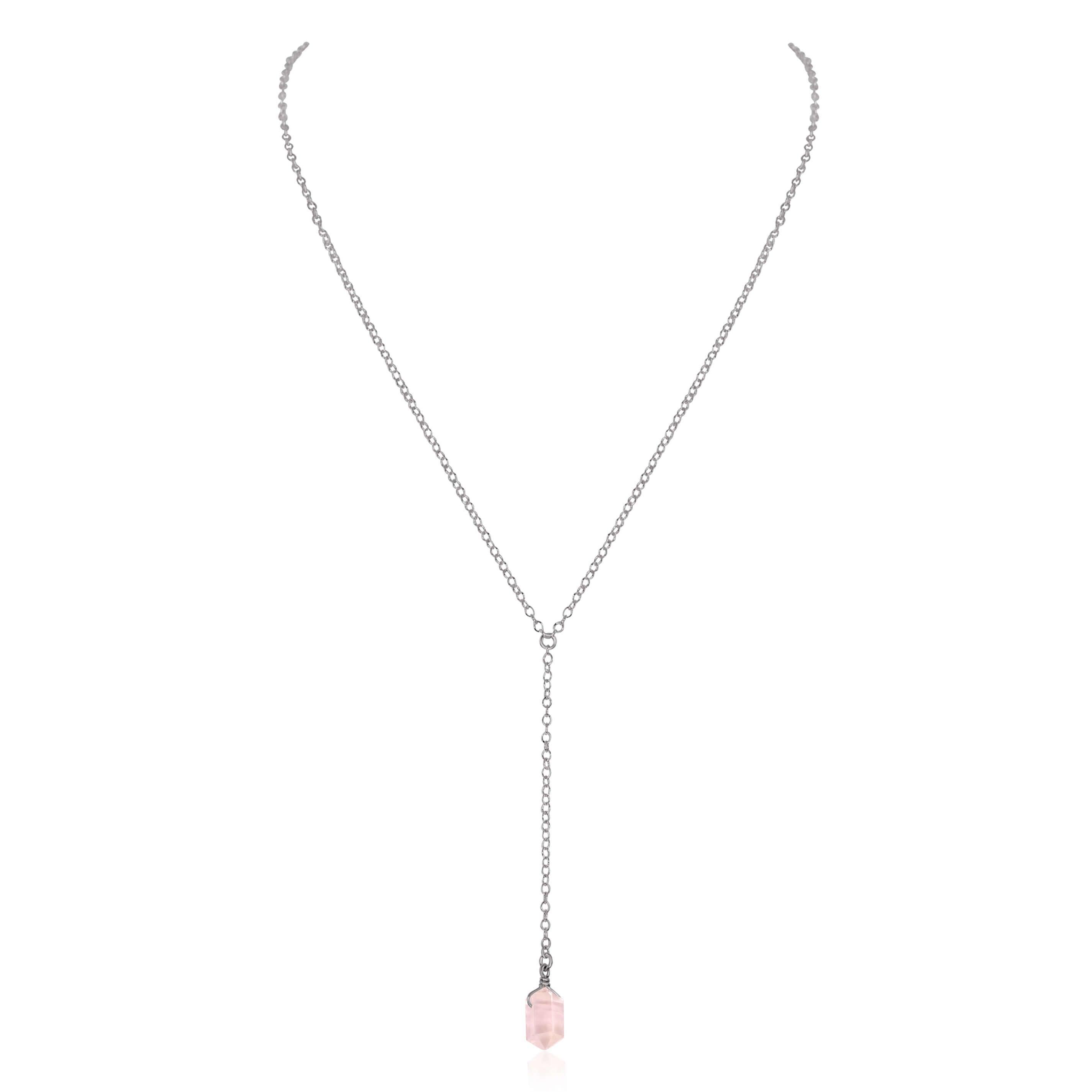 Rose Quartz Double Terminated Mini Crystal Point Lariat Necklace - Rose Quartz Double Terminated Mini Crystal Point Lariat Necklace - Stainless Steel - Luna Tide Handmade Crystal Jewellery