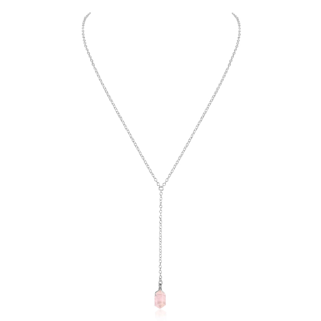 Rose Quartz Double Terminated Mini Crystal Point Lariat Necklace - Rose Quartz Double Terminated Mini Crystal Point Lariat Necklace - Sterling Silver - Luna Tide Handmade Crystal Jewellery