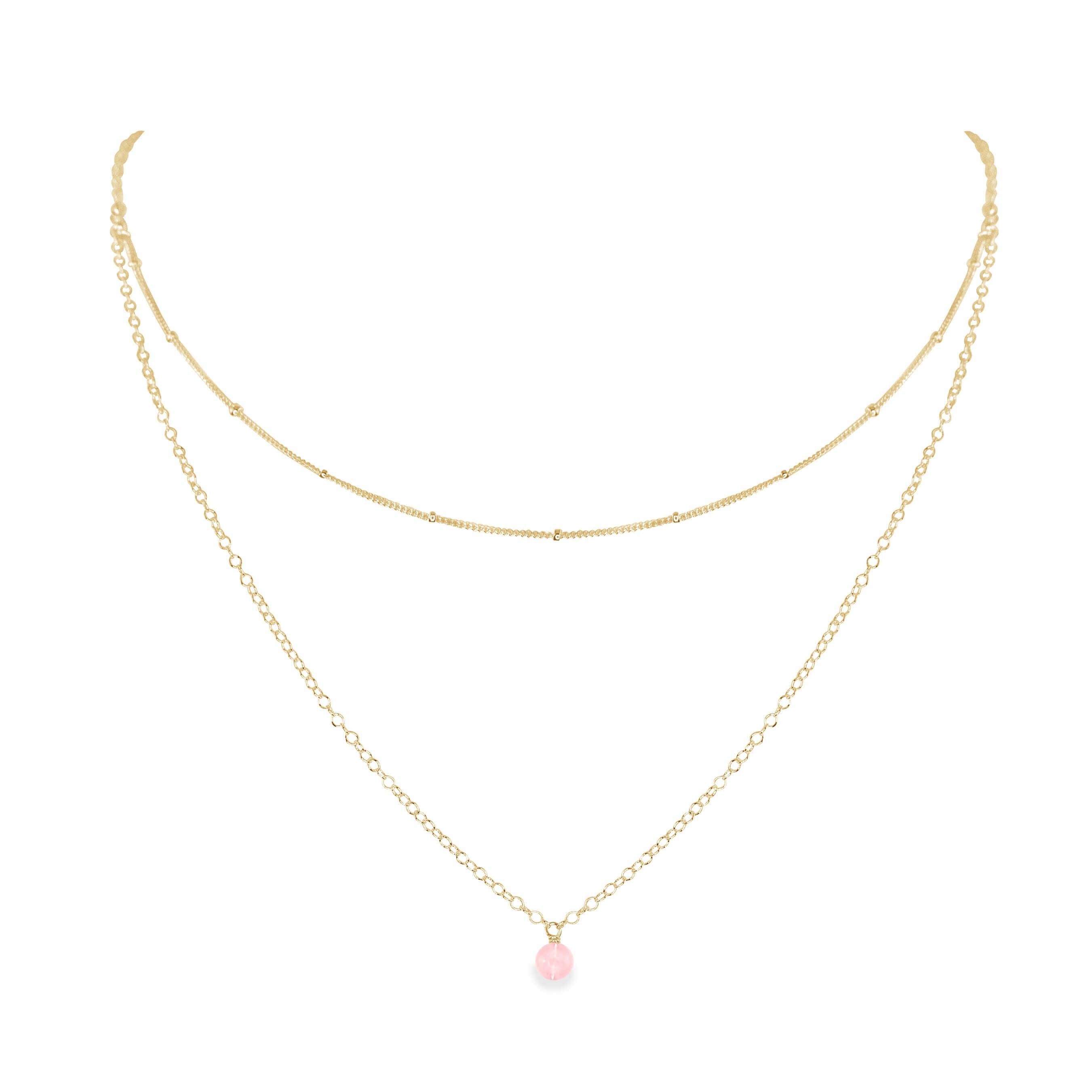 Rose Quartz Gemstone Chain Layered Choker Necklace - Rose Quartz Gemstone Chain Layered Choker Necklace - 14k Gold Fill - Luna Tide Handmade Crystal Jewellery