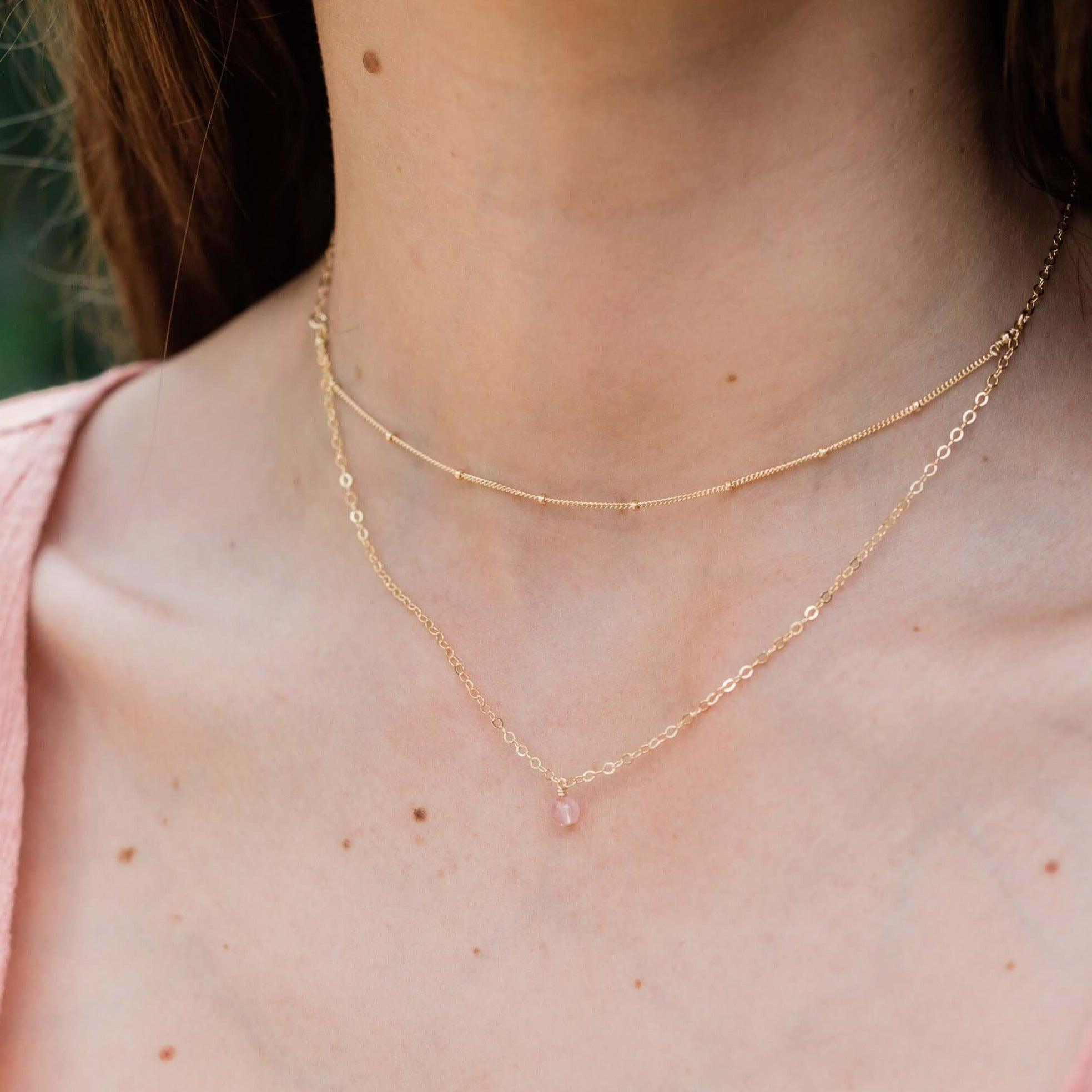 Rose Quartz Gemstone Chain Layered Choker Necklace - Rose Quartz Gemstone Chain Layered Choker Necklace - 14k Gold Fill - Luna Tide Handmade Crystal Jewellery