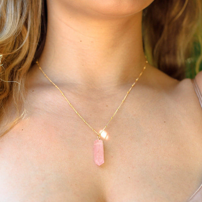 Rose Quartz Gemstone Generator Tower Point Pendant Necklace - Rose Quartz Gemstone Generator Tower Point Pendant Necklace - 14k Gold Fill / Satellite - Luna Tide Handmade Crystal Jewellery