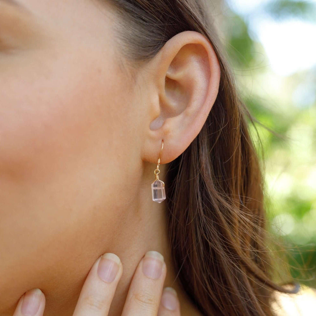 Rose Quartz Mini Double Terminated Crystal Point Dangle Drop Earrings - Rose Quartz Mini Double Terminated Crystal Point Dangle Drop Earrings - 14k Gold Fill - Luna Tide Handmade Crystal Jewellery