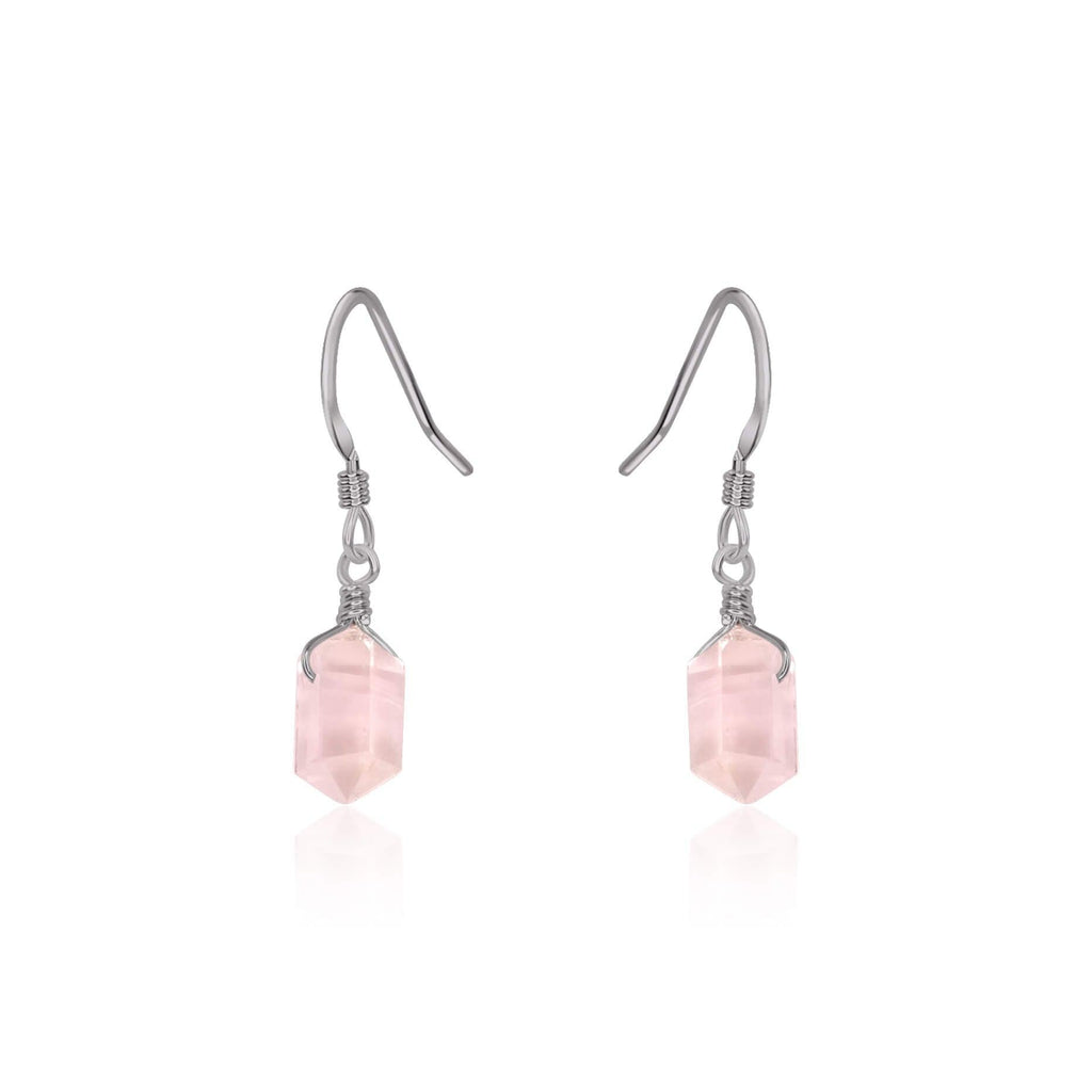 Rose Quartz Mini Double Terminated Crystal Point Dangle Drop Earrings - Rose Quartz Mini Double Terminated Crystal Point Dangle Drop Earrings - Stainless Steel - Luna Tide Handmade Crystal Jewellery