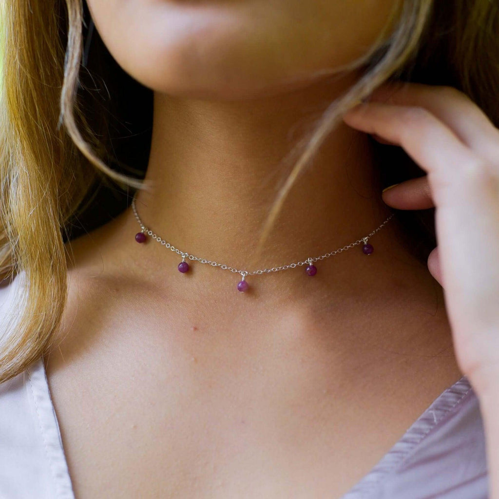 Ruby Bead Drop Choker - Ruby Bead Drop Choker - 14k Gold Fill - Luna Tide Handmade Crystal Jewellery