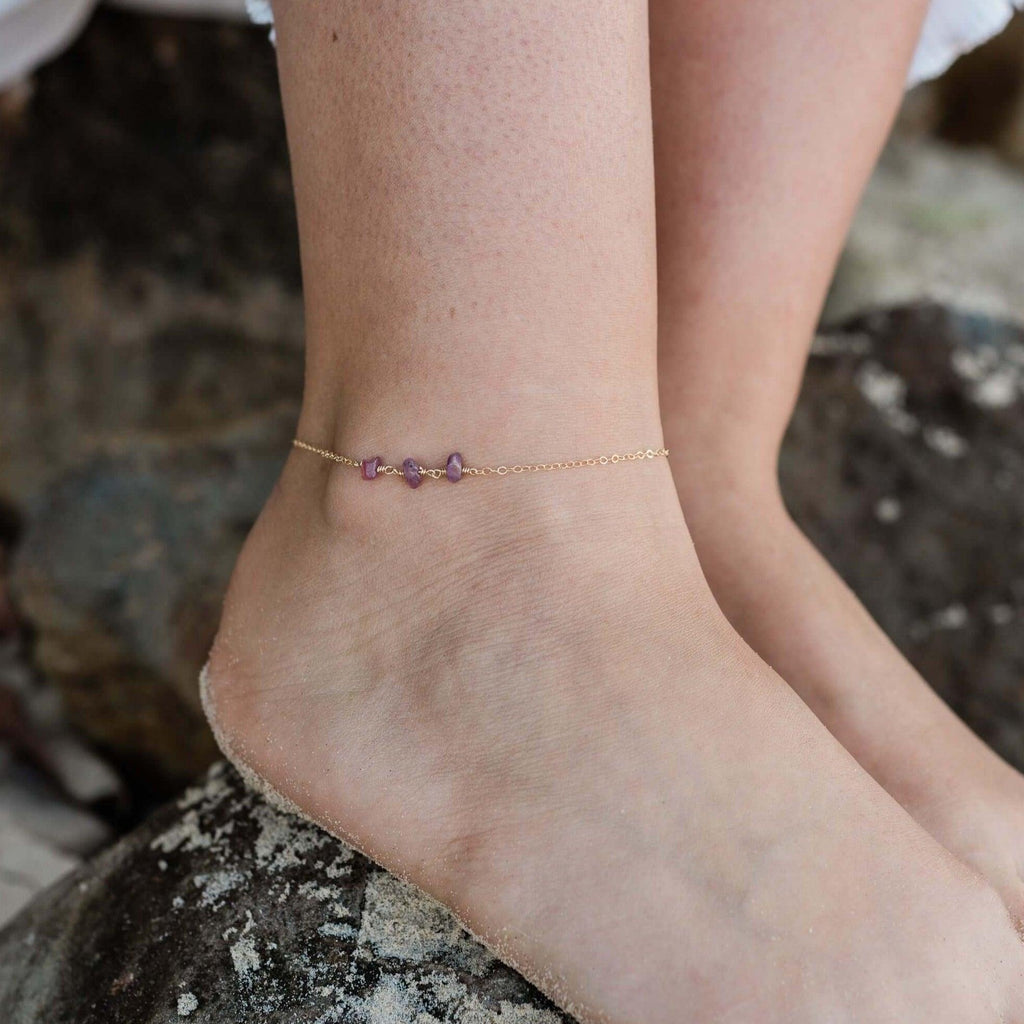 Ruby Beaded Chain Anklet - Ruby Beaded Chain Anklet - Sterling Silver - Luna Tide Handmade Crystal Jewellery