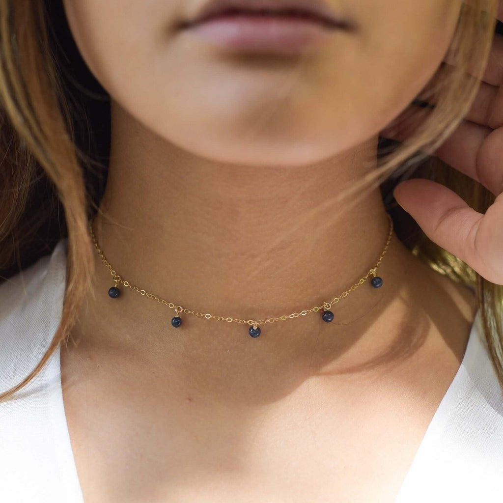 Sapphire Bead Drop Choker - Sapphire Bead Drop Choker - 14k Gold Fill - Luna Tide Handmade Crystal Jewellery