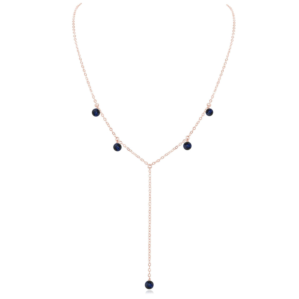 Sapphire Boho Lariat Necklace - Sapphire Boho Lariat Necklace - 14k Rose Gold Fill - Luna Tide Handmade Crystal Jewellery