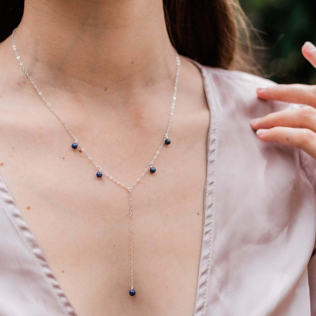 Sapphire Boho Lariat Necklace - Sapphire Boho Lariat Necklace - Sterling Silver - Luna Tide Handmade Crystal Jewellery