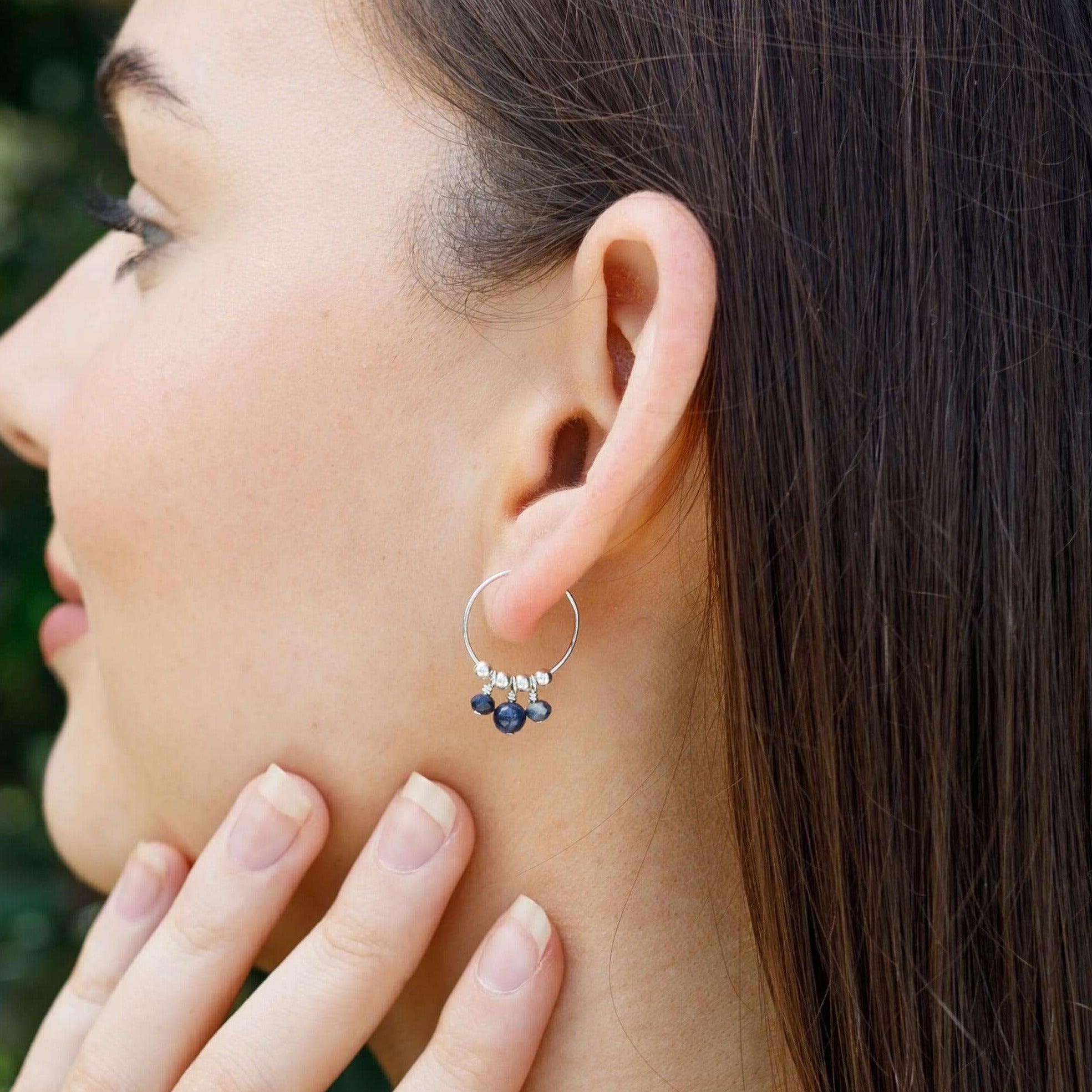 Sapphire Gemstone Bead Drop Hoop Earrings - Sapphire Gemstone Bead Drop Hoop Earrings - Sterling Silver - Luna Tide Handmade Crystal Jewellery