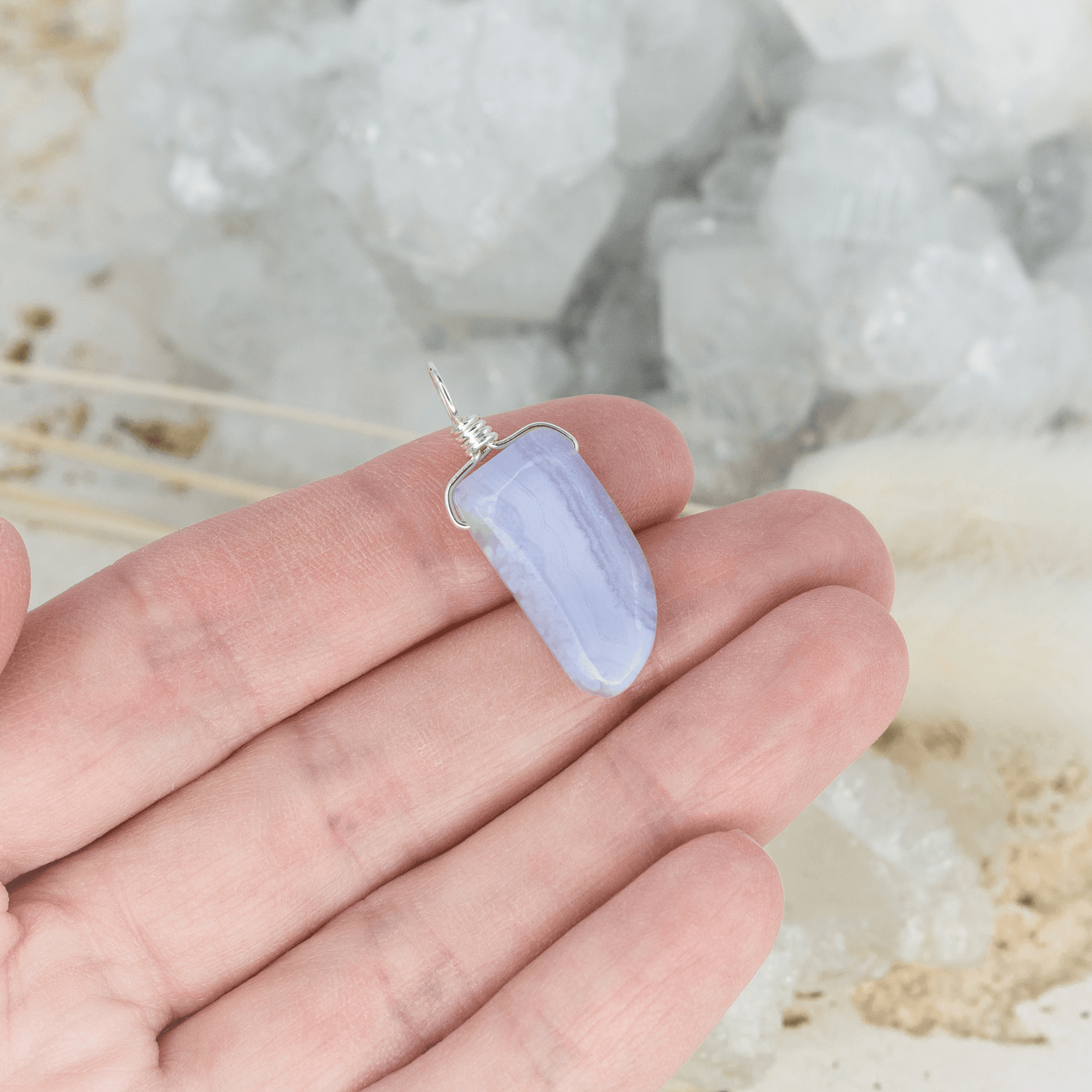 Small Smooth Blue Lace Agate Crystal Pendant with Gentle Point - Small Smooth Blue Lace Agate Crystal Pendant with Gentle Point - Sterling Silver - Luna Tide Handmade Crystal Jewellery