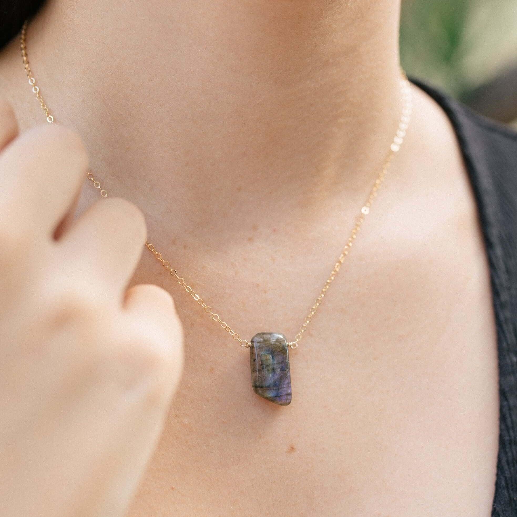 Small Smooth Grey Labradorite Crystal Slab Necklace - Small Smooth Grey Labradorite Crystal Slab Necklace - 14k Gold Fill - Luna Tide Handmade Crystal Jewellery
