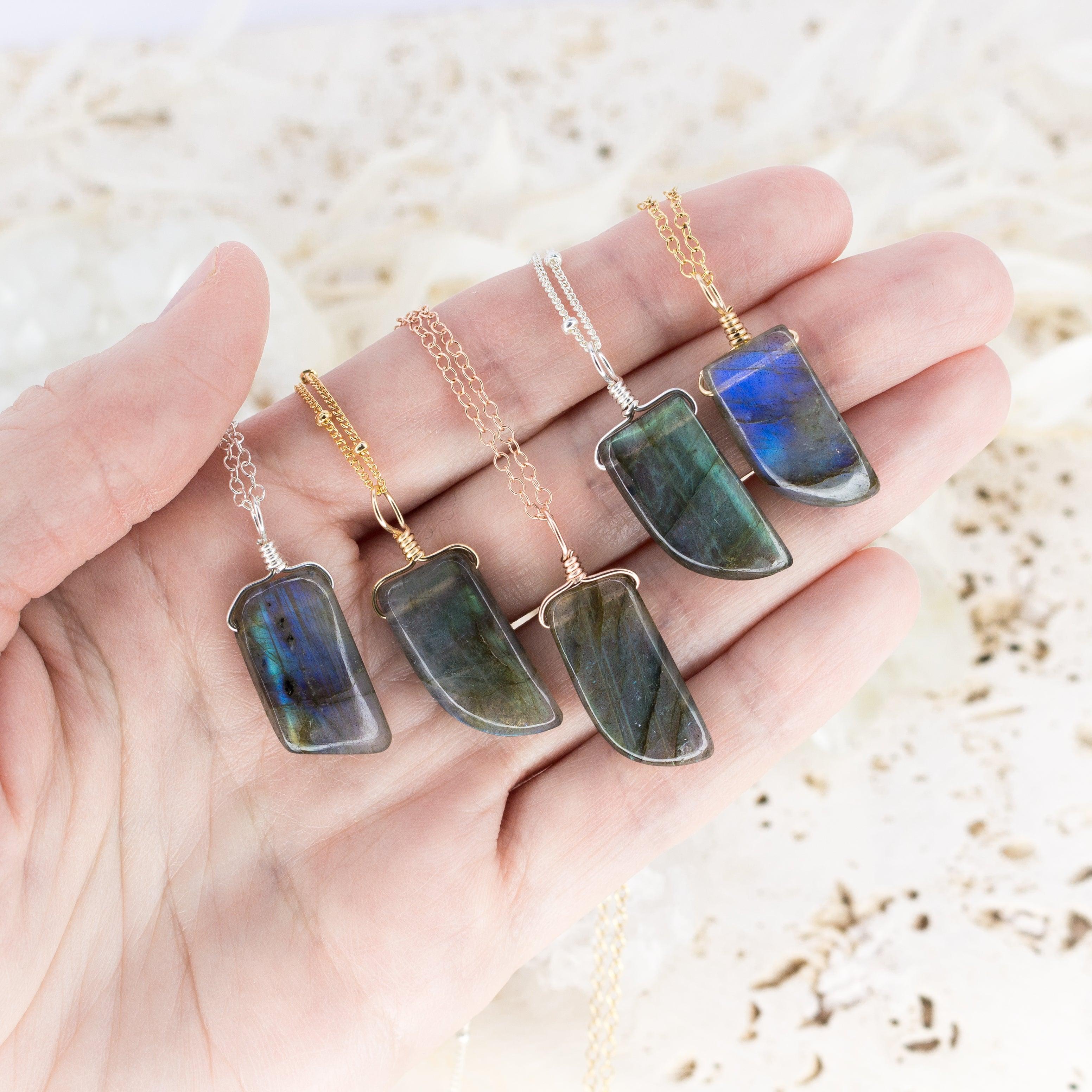 Small Smooth Labradorite Gentle Point Crystal Pendant Necklace - Small Smooth Labradorite Gentle Point Crystal Pendant Necklace - Sterling Silver / Cable - Luna Tide Handmade Crystal Jewellery
