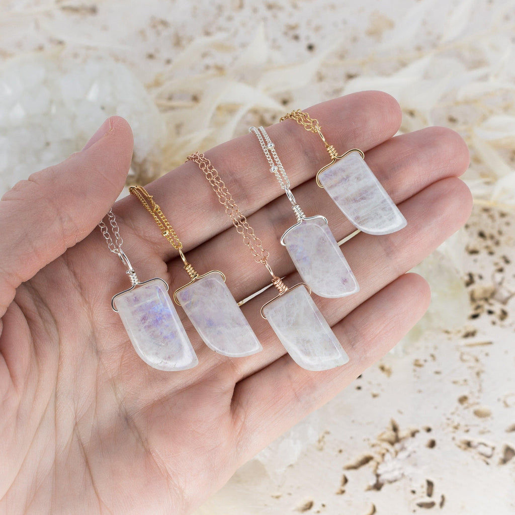 Small Smooth Rainbow Moonstone Gentle Point Crystal Pendant Necklace - Small Smooth Rainbow Moonstone Gentle Point Crystal Pendant Necklace - 14k Gold Fill / Cable - Luna Tide Handmade Crystal Jewellery