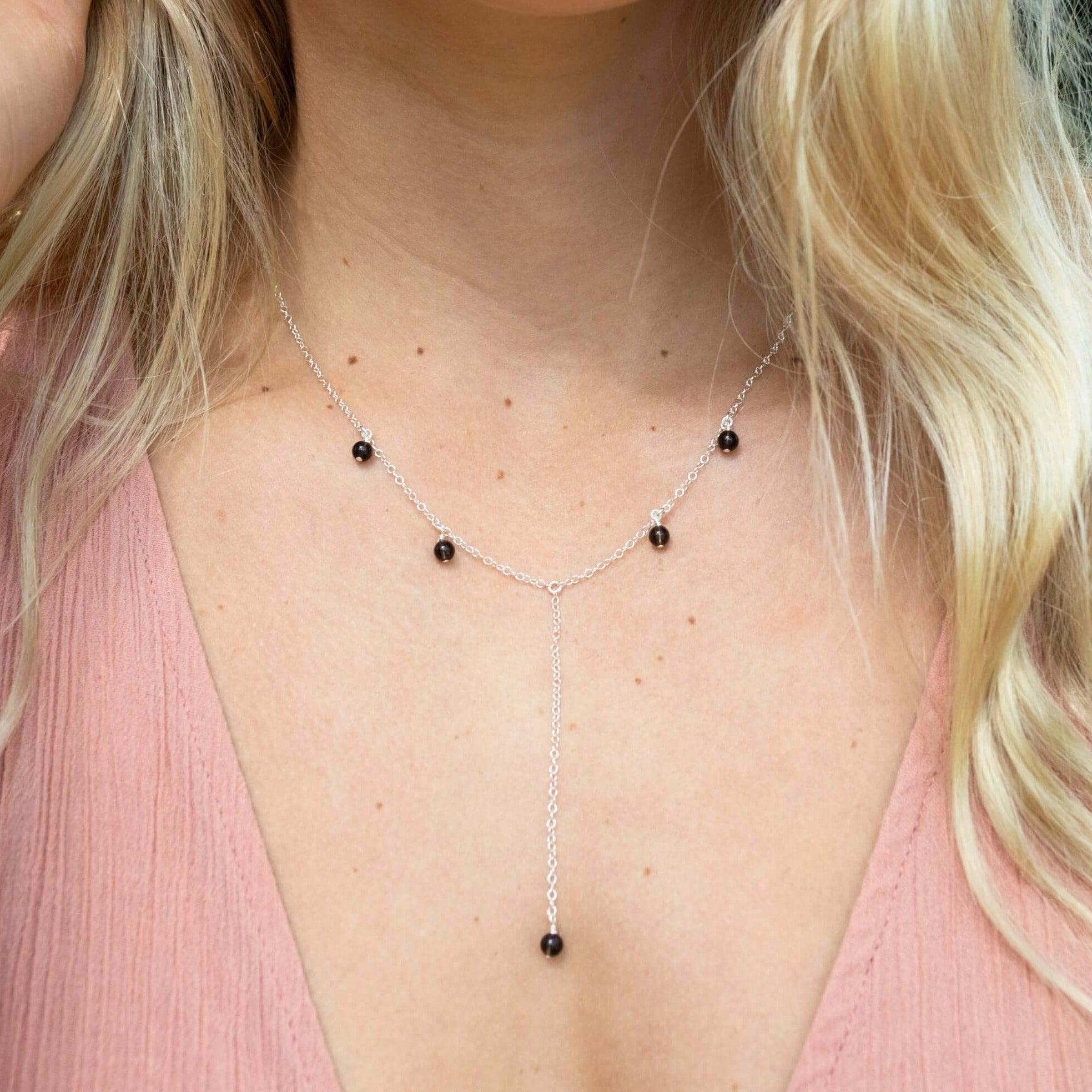 Smoky Quartz Boho Lariat Necklace - Smoky Quartz Boho Lariat Necklace - Sterling Silver - Luna Tide Handmade Crystal Jewellery