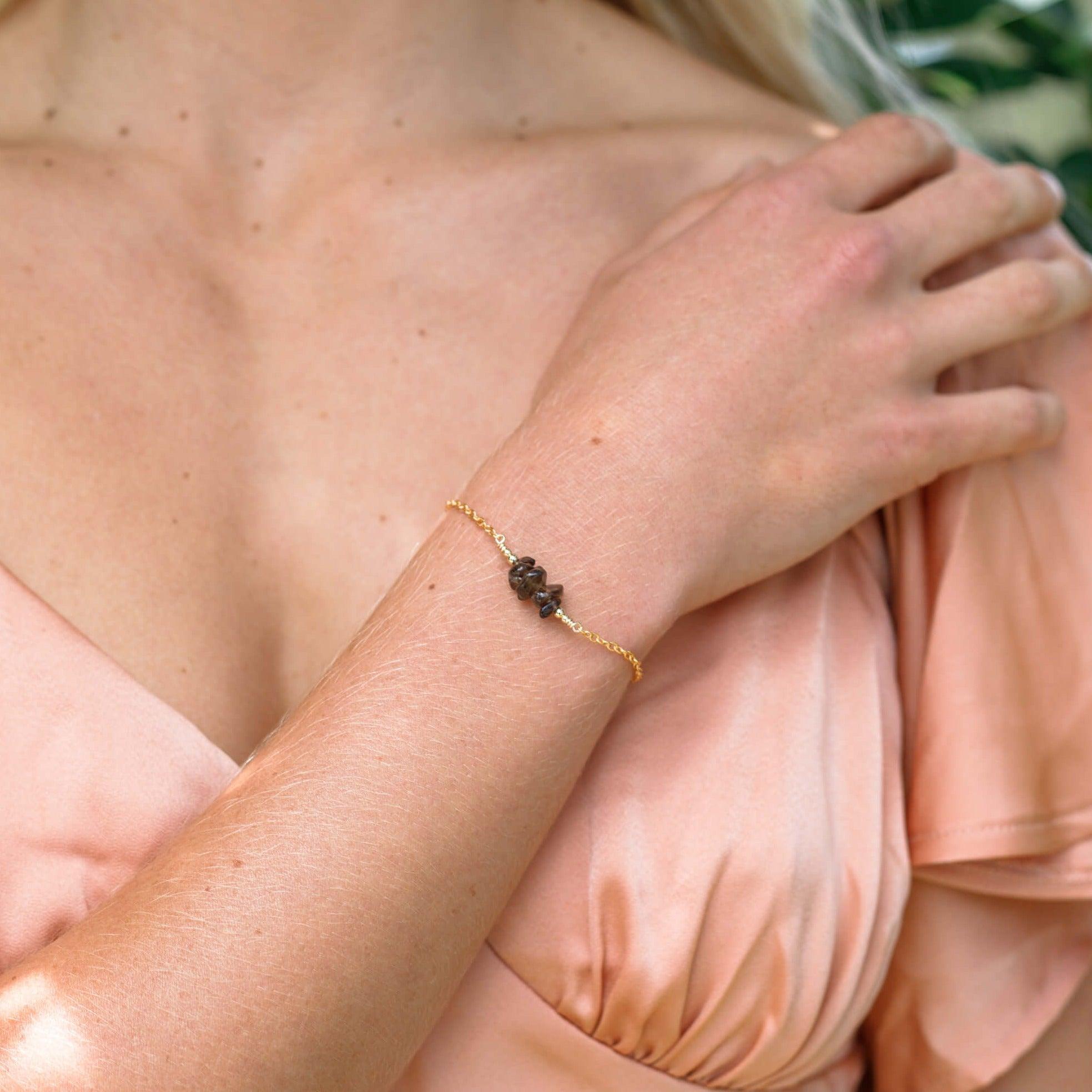 Smoky Quartz Chip Bead Bar Bracelet - Smoky Quartz Chip Bead Bar Bracelet - 14k Gold Fill - Luna Tide Handmade Crystal Jewellery