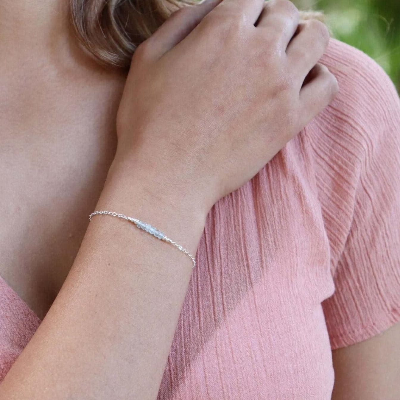 Sparkling Blue Aquamarine Gemstone Faceted Bead Bar Bracelet - Sparkling Blue Aquamarine Gemstone Faceted Bead Bar Bracelet - Sterling Silver - Luna Tide Handmade Crystal Jewellery
