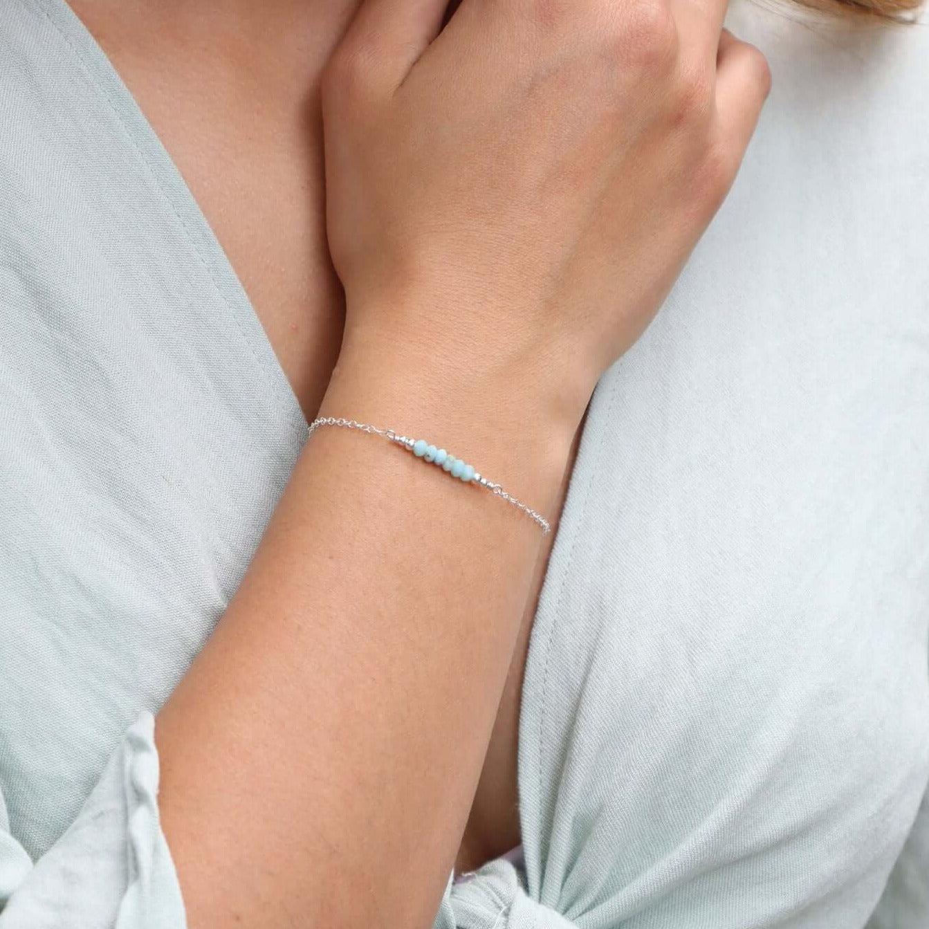 Sparkling Blue Larimar Gemstone Faceted Bead Bar Bracelet - Sparkling Blue Larimar Gemstone Faceted Bead Bar Bracelet - Sterling Silver - Luna Tide Handmade Crystal Jewellery