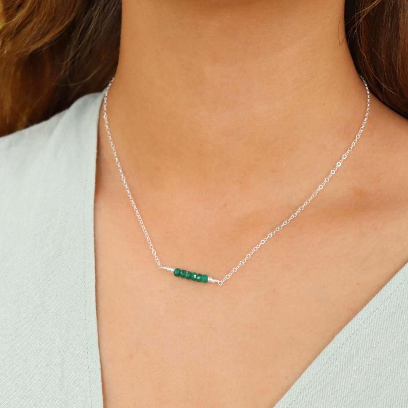 Sparkling Green Emerald Faceted Bead Bar Necklace - Sparkling Green Emerald Faceted Bead Bar Necklace - Sterling Silver - Luna Tide Handmade Crystal Jewellery