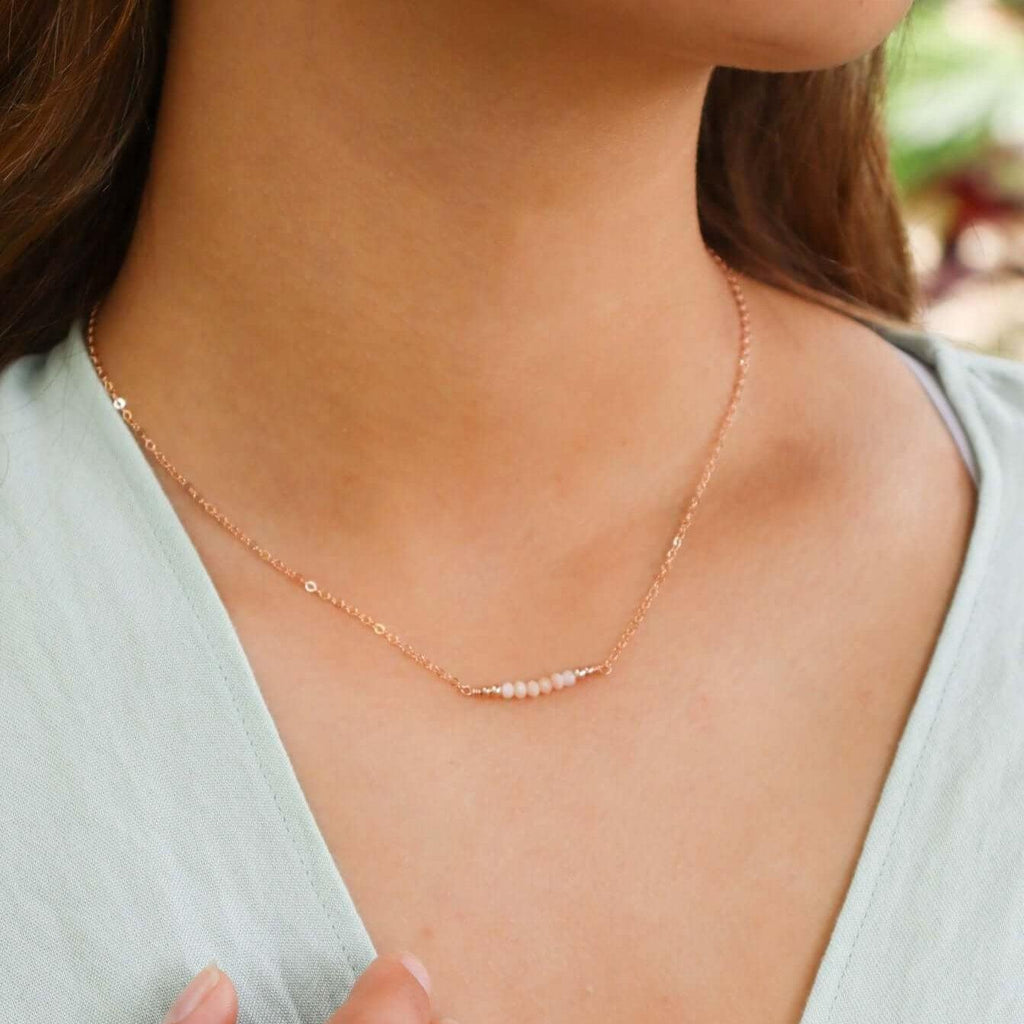 Sparkling Pink Peruvian Opal Faceted Bead Bar Necklace - Sparkling Pink Peruvian Opal Faceted Bead Bar Necklace - 14k Gold Fill - Luna Tide Handmade Crystal Jewellery