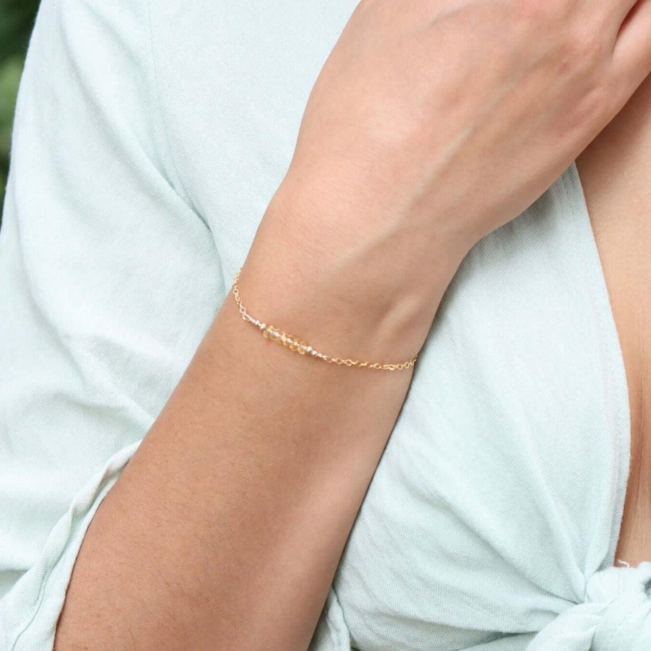 Sparkling Yellow Citrine Gemstone Faceted Bead Bar Bracelet - Sparkling Yellow Citrine Gemstone Faceted Bead Bar Bracelet - 14k Gold Fill - Luna Tide Handmade Crystal Jewellery