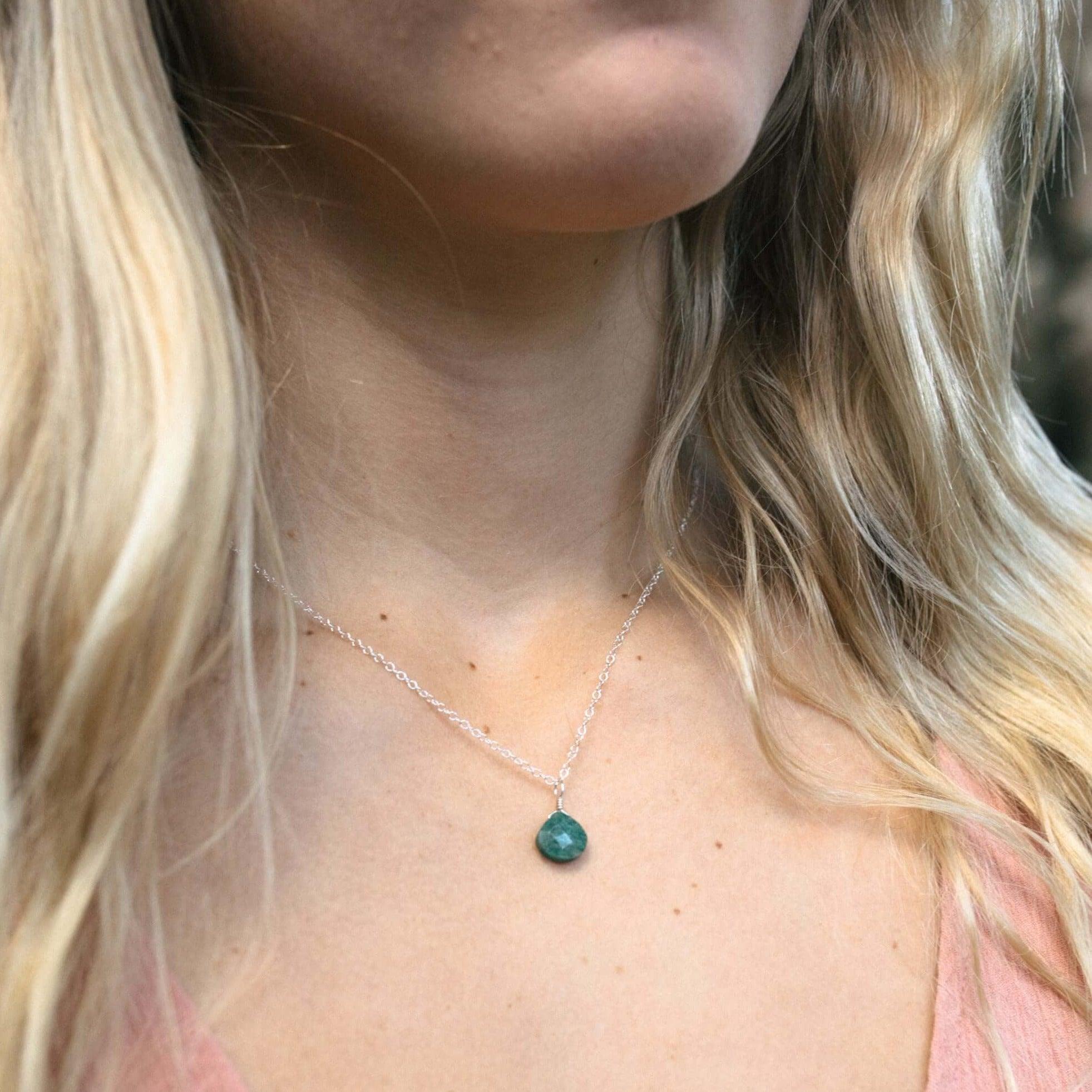 Tiny Aventurine Teardrop Crystal Necklace - Tiny Aventurine Teardrop Crystal Necklace - Sterling Silver / Cable - Luna Tide Handmade Crystal Jewellery