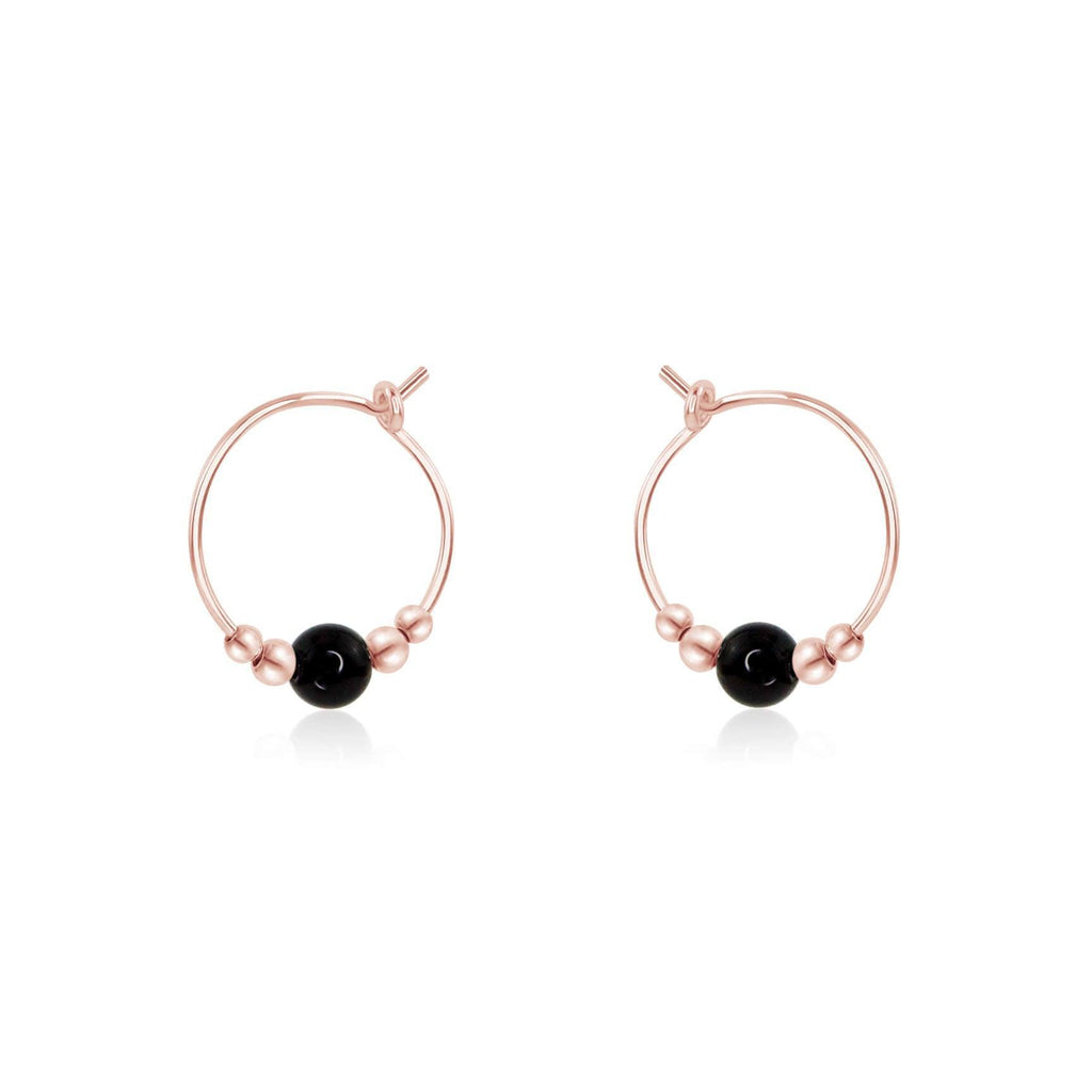 Tiny Black Onyx Bead Hoop Earrings - Tiny Black Onyx Bead Hoop Earrings - 14k Rose Gold Fill - Luna Tide Handmade Crystal Jewellery