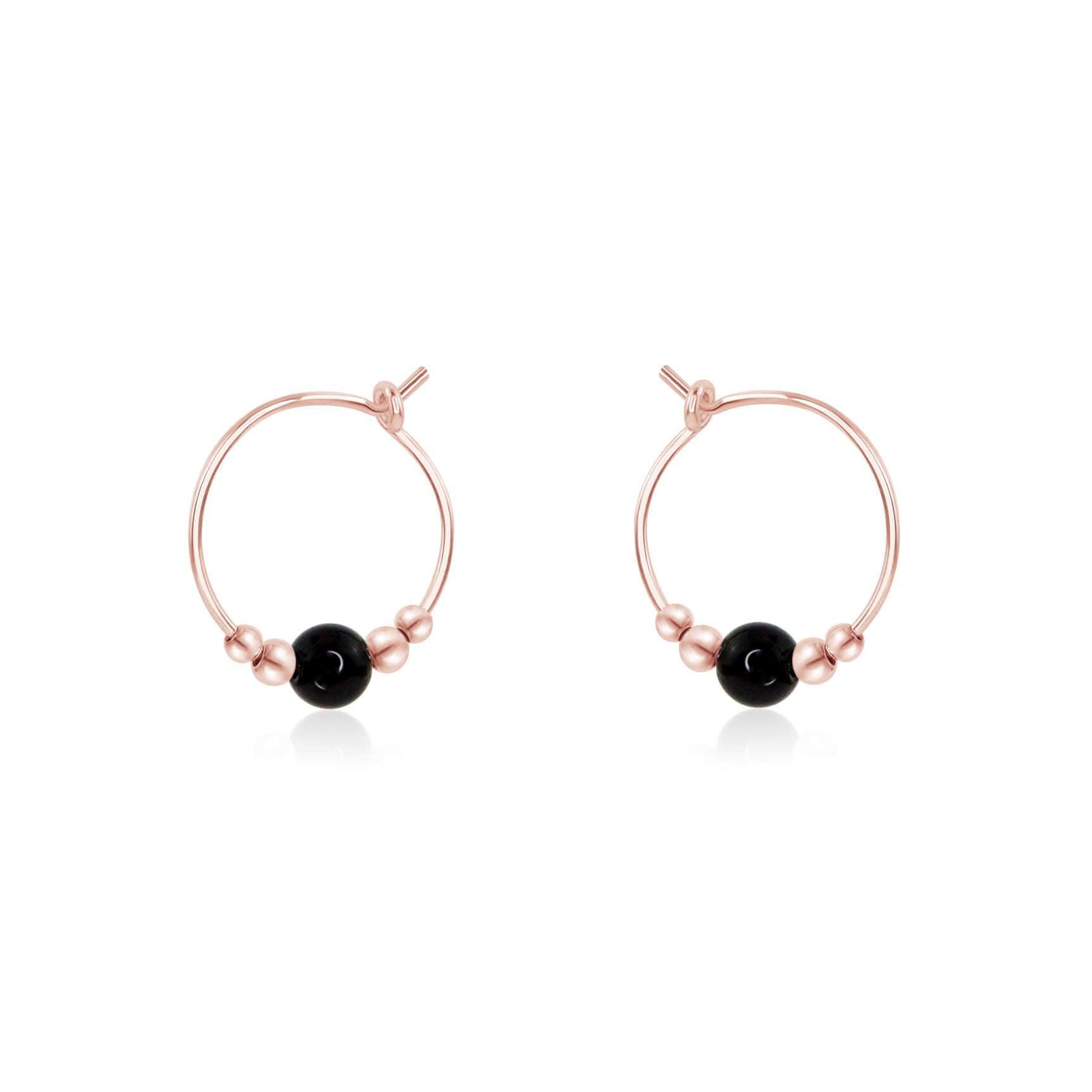 Tiny Black Onyx Bead Hoop Earrings - Tiny Black Onyx Bead Hoop Earrings - 14k Rose Gold Fill - Luna Tide Handmade Crystal Jewellery