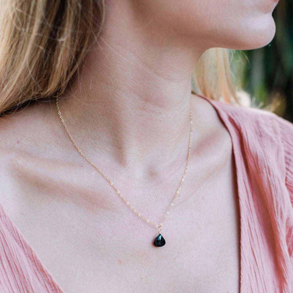Tiny Black Tourmaline Teardrop Crystal Necklace - Tiny Black Tourmaline Teardrop Crystal Necklace - Sterling Silver / Cable - Luna Tide Handmade Crystal Jewellery