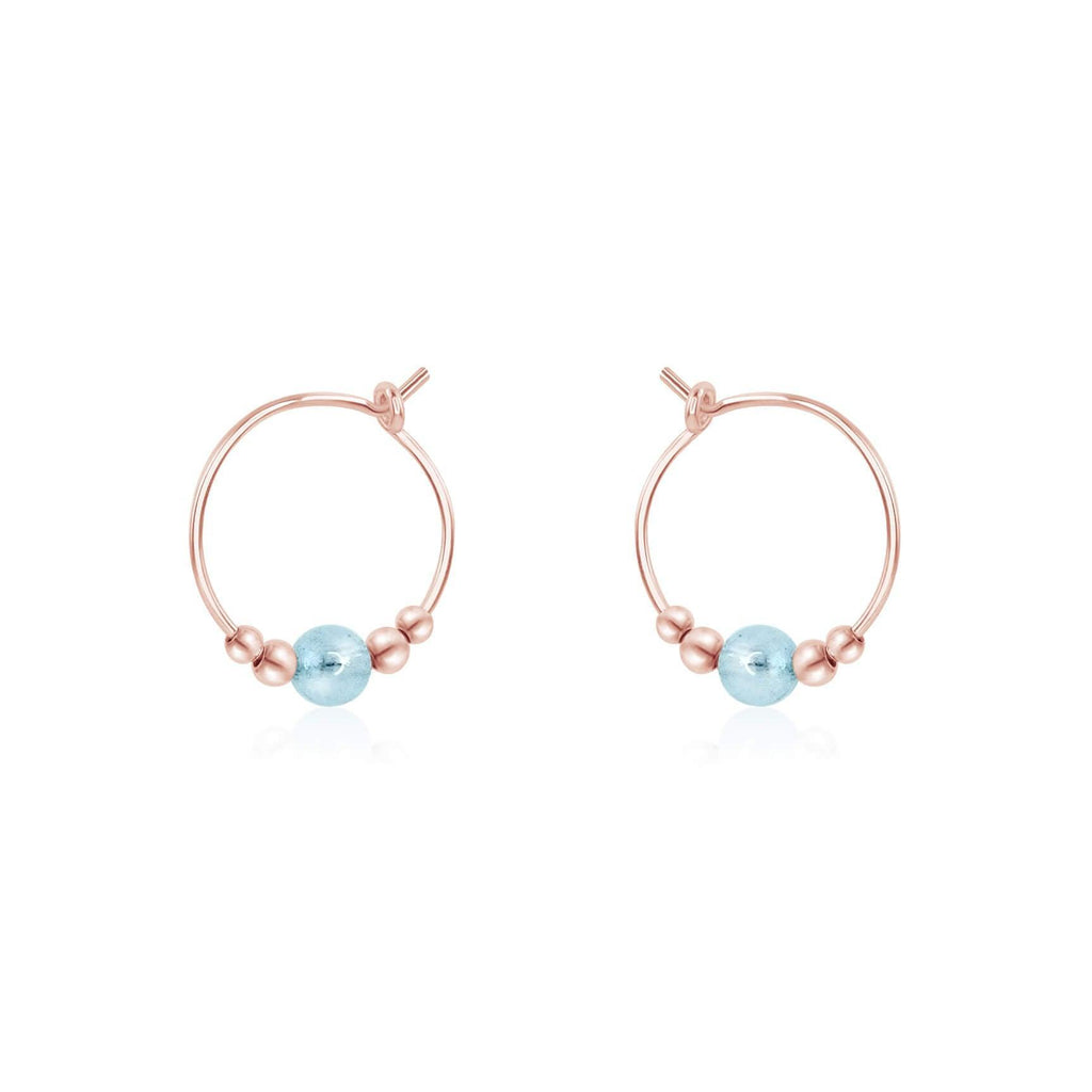 Tiny Blue Aquamarine Bead Hoop Earrings - Tiny Blue Aquamarine Bead Hoop Earrings - 14k Rose Gold Fill - Luna Tide Handmade Crystal Jewellery