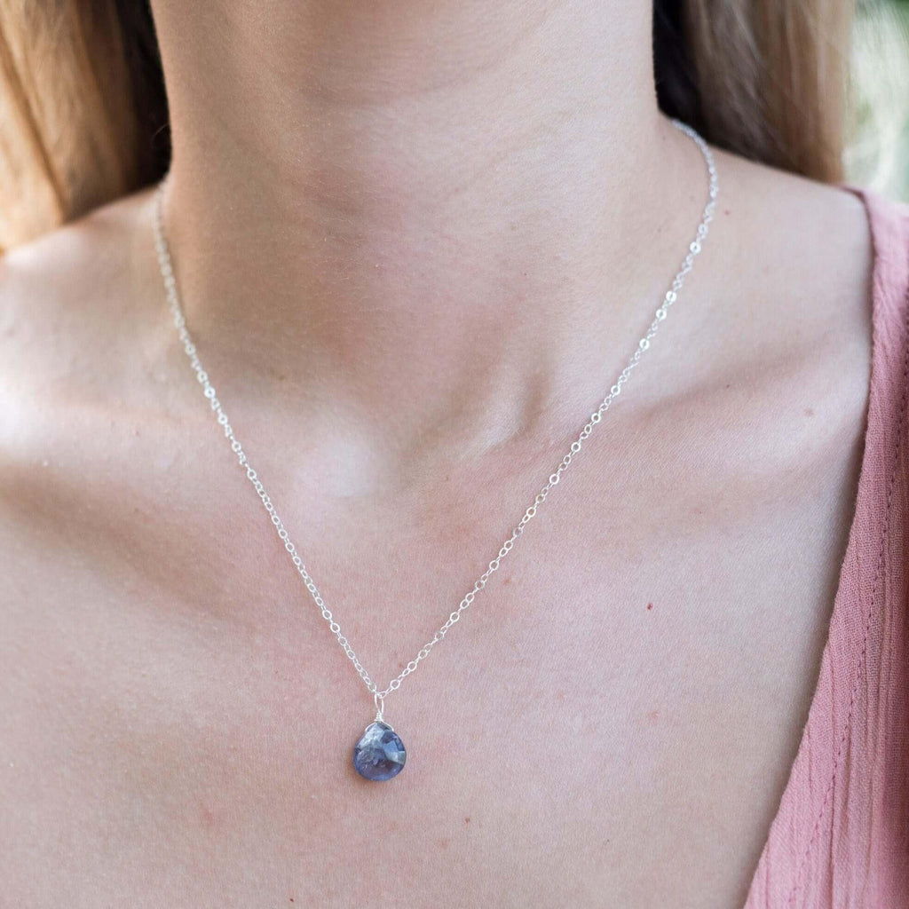 Tiny Iolite Teardrop Necklace - Tiny Iolite Teardrop Necklace - 14k Gold Fill / Cable - Luna Tide Handmade Crystal Jewellery