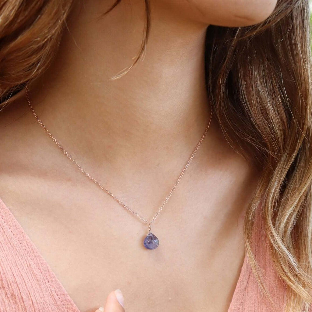 Tiny Iolite Teardrop Necklace - Tiny Iolite Teardrop Necklace - 14k Gold Fill / Cable - Luna Tide Handmade Crystal Jewellery